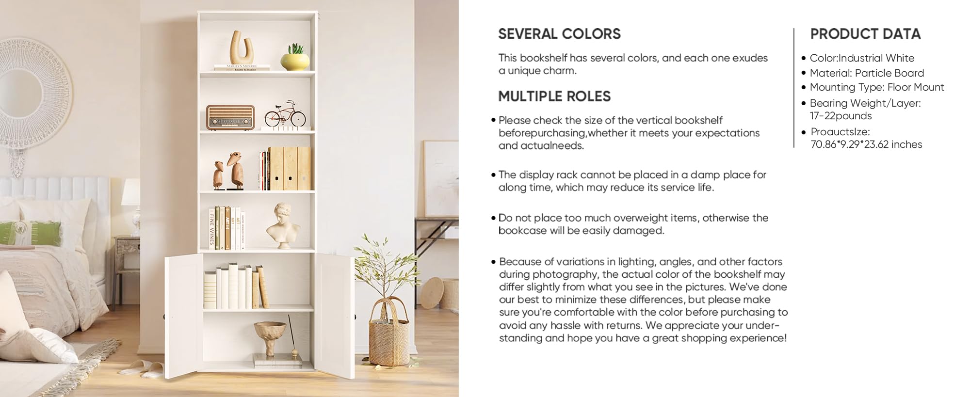 Shoueryaes Bookshelf, 6-Tier Floor Bookcase with 2 Bottom Doors, 9.29"x23.62"x70.86", Storage Cabinet Bookshelves for Home Office, Living Room, Bedroom-White