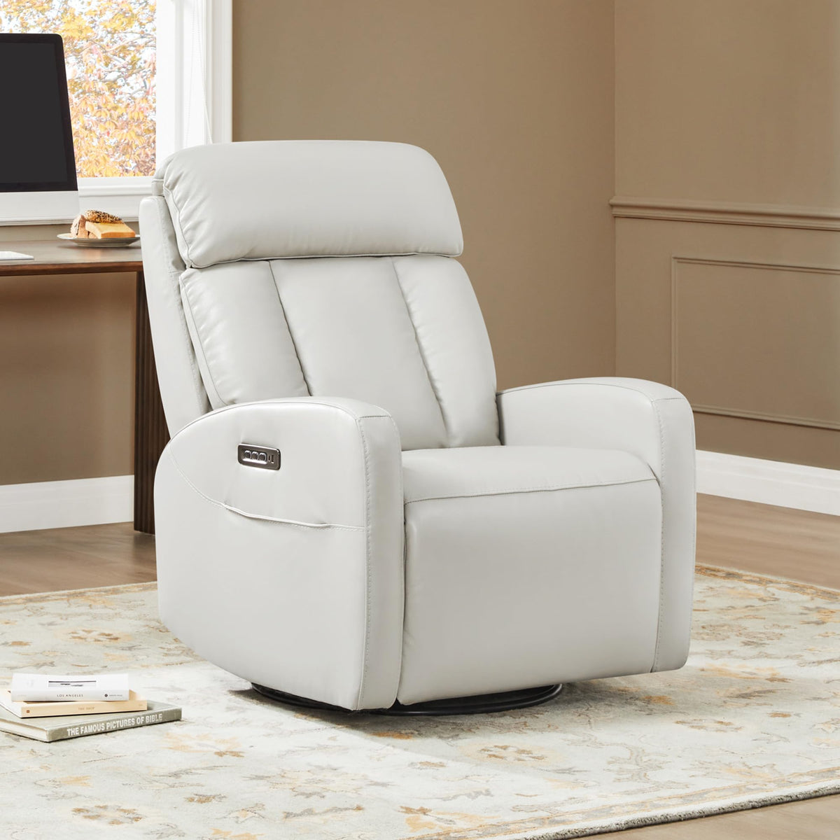 CHITA Genuine Leather Power Recliner Chair, Swivel Rocker, Creamy Grey