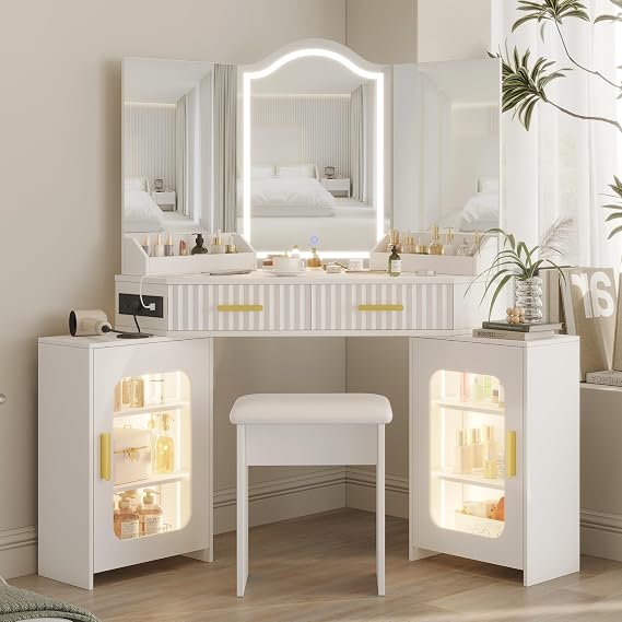Corner Vanity Desk with LED Mirror & Charging Station
