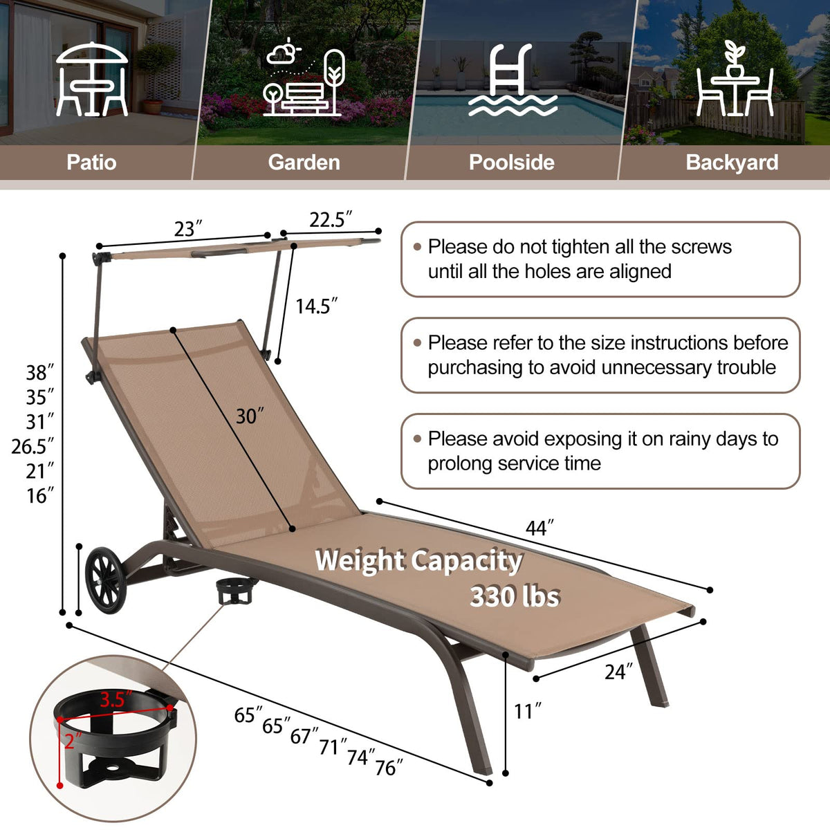 GIANTEX Set of 2 Outdoor Chaise Lounge Chair, Tanning Chair with Sunshade, Smooth Wheels, 6-Level Adjustable Position, Cup Holder, Metal Frame, Patio Chaise Lounge for Sunbathing, Yard, Poolside (2)