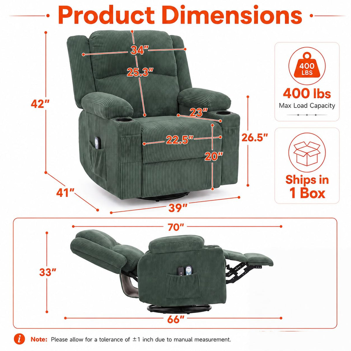 Swivel Rocker Recliner with Massage and Heat