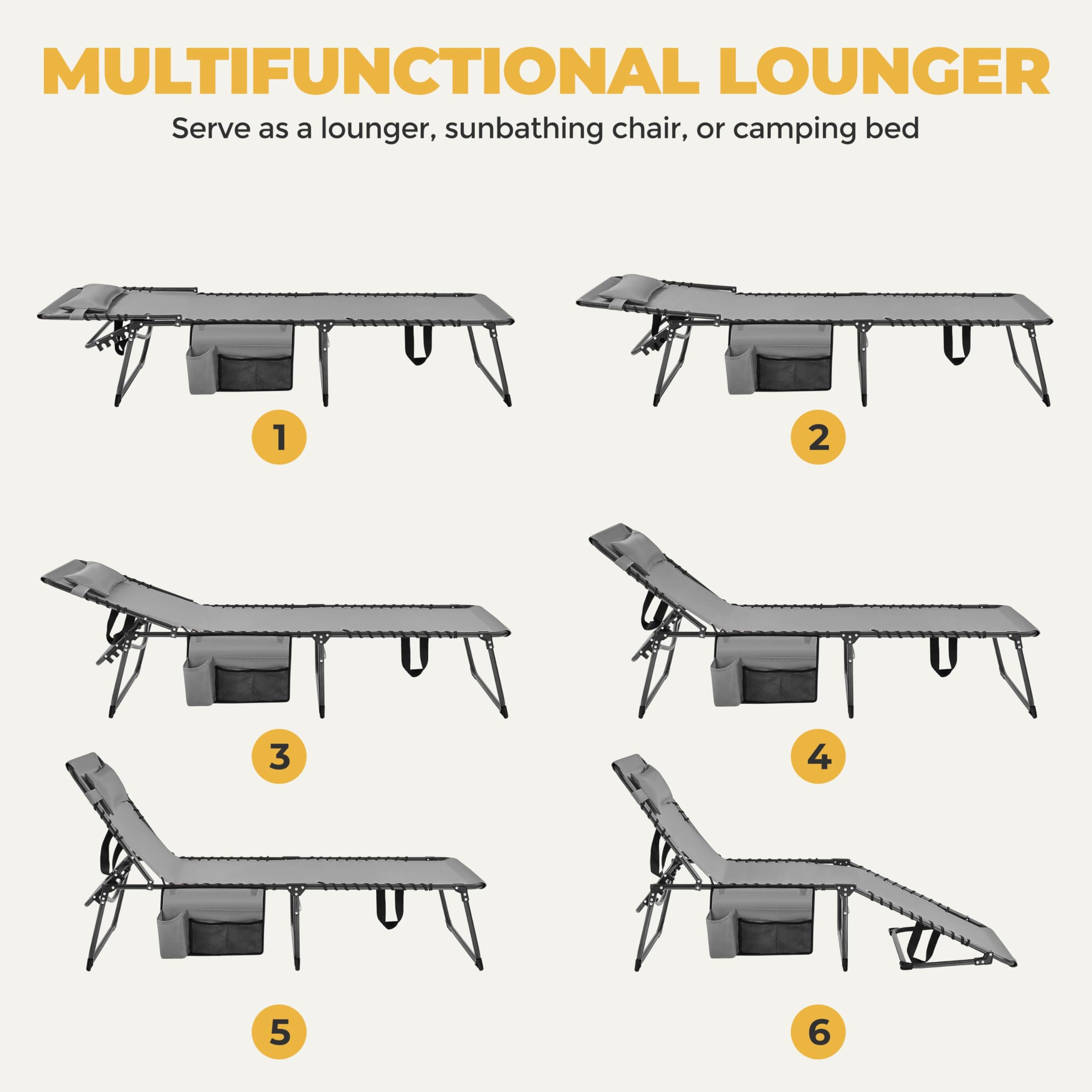 Yaheetech 26.4" Outdoor Folding Tanning Chair, Chaise Lounge Chairs with 5 Back Position Adjustable, Extended Portable Lounger for Beach, Patio, Gray