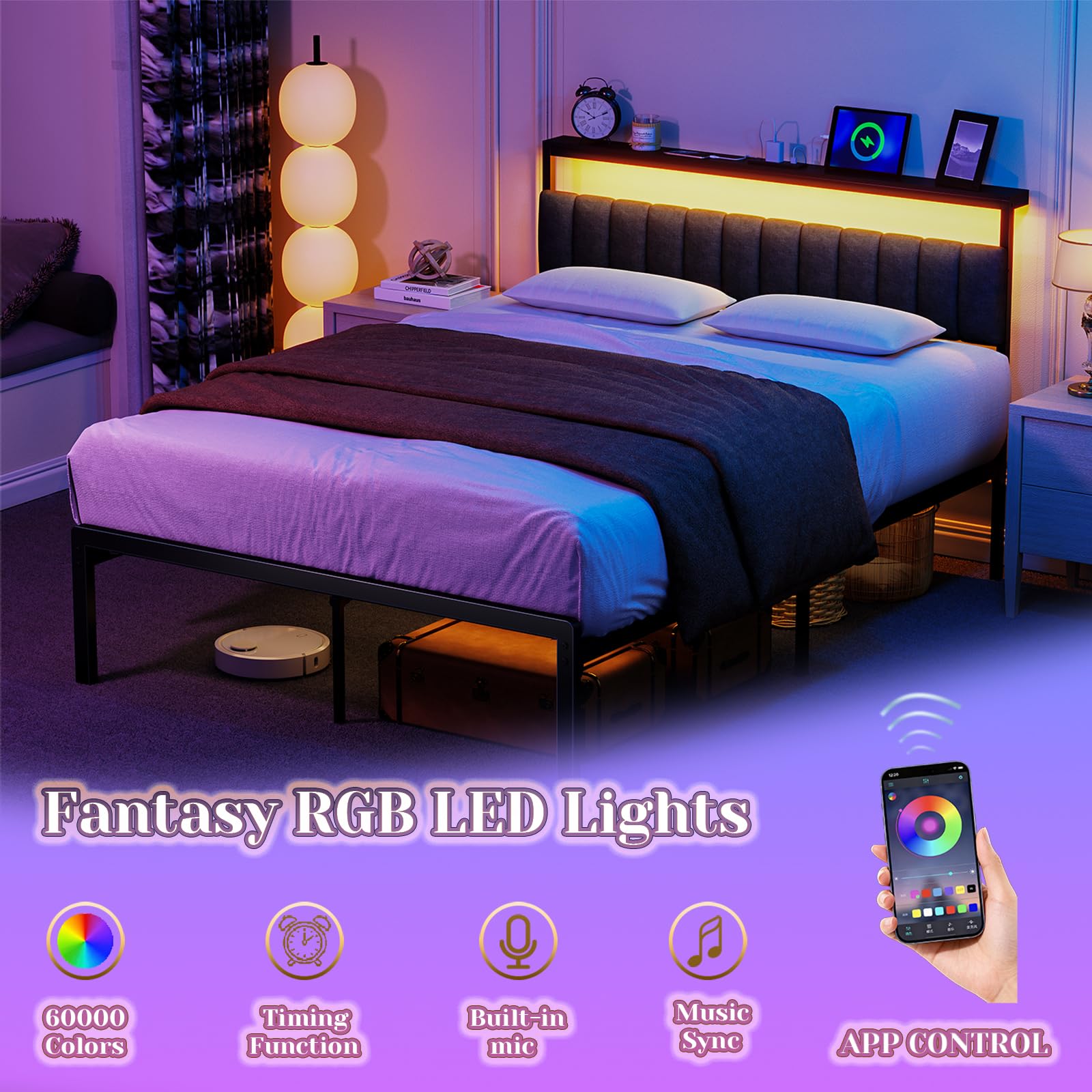Woanke Full Bed Frame with Headboard, Sturdy Metal Bed Frame with Led Light&Charging Station, Bed Frame Full Size Noise-Free/AssemblyEasily, Double Bed Frame for Individual, Black Full Size Bed Frame