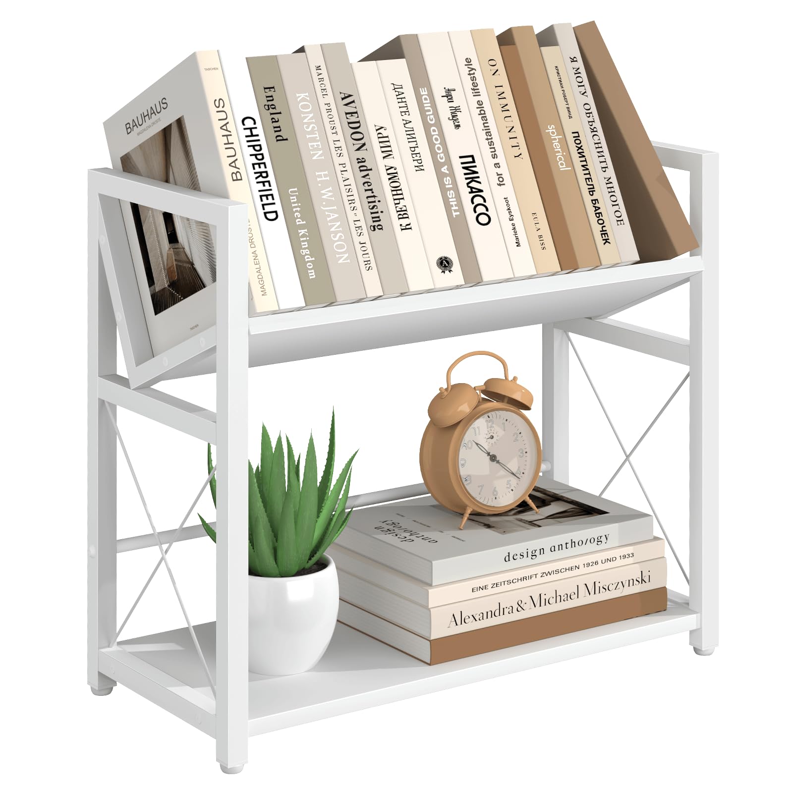 2-Tier Desktop Bookshelf Organizer with Steel X-Frame