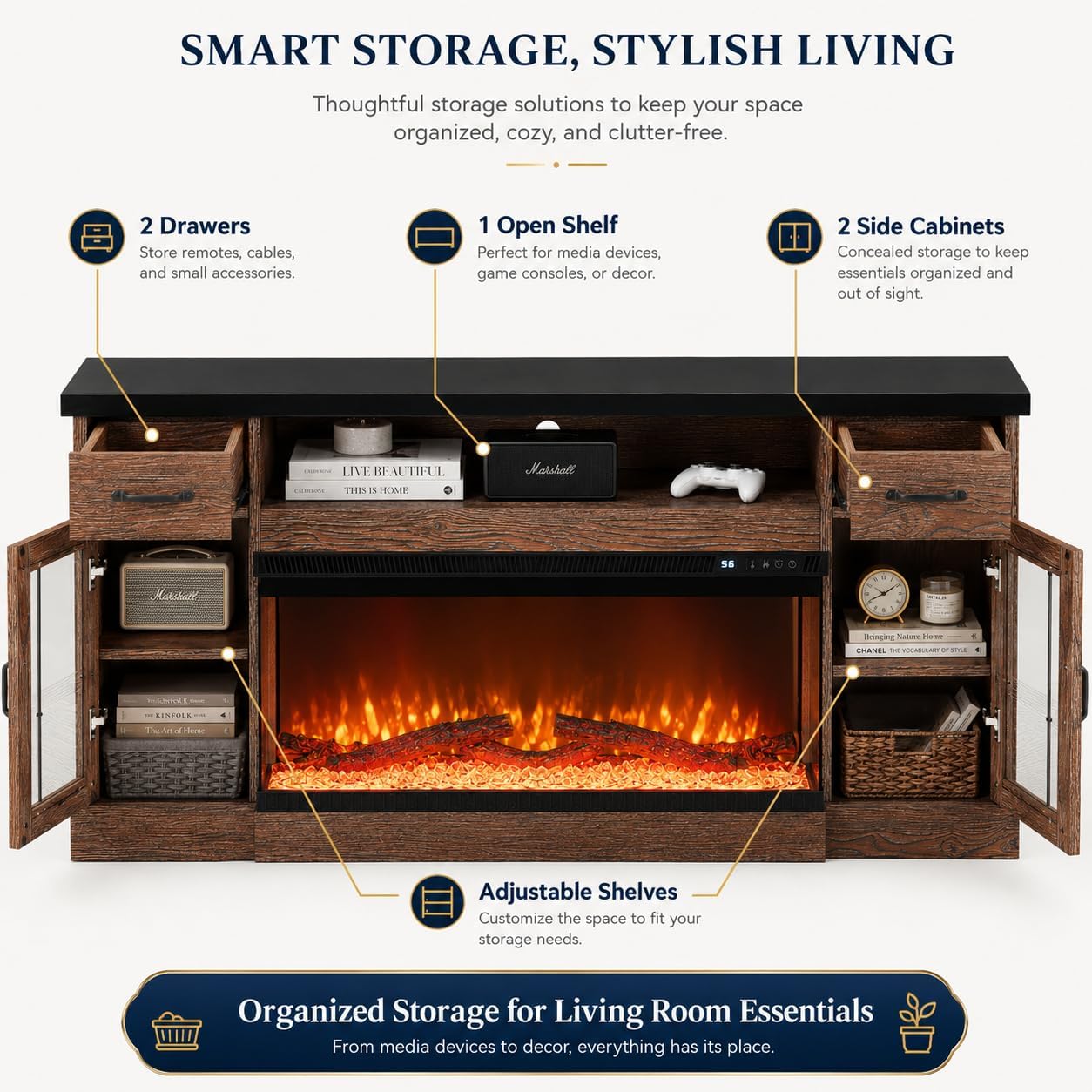 4 EVER WINNER 70" Fireplace TV Stand for TVs Up to 80", Farmhouse Entertainment Center with 3-Sided Glass Electric Fireplace, 2 Drawers, Storage Cabinets & Adjustable Shelves, Brown