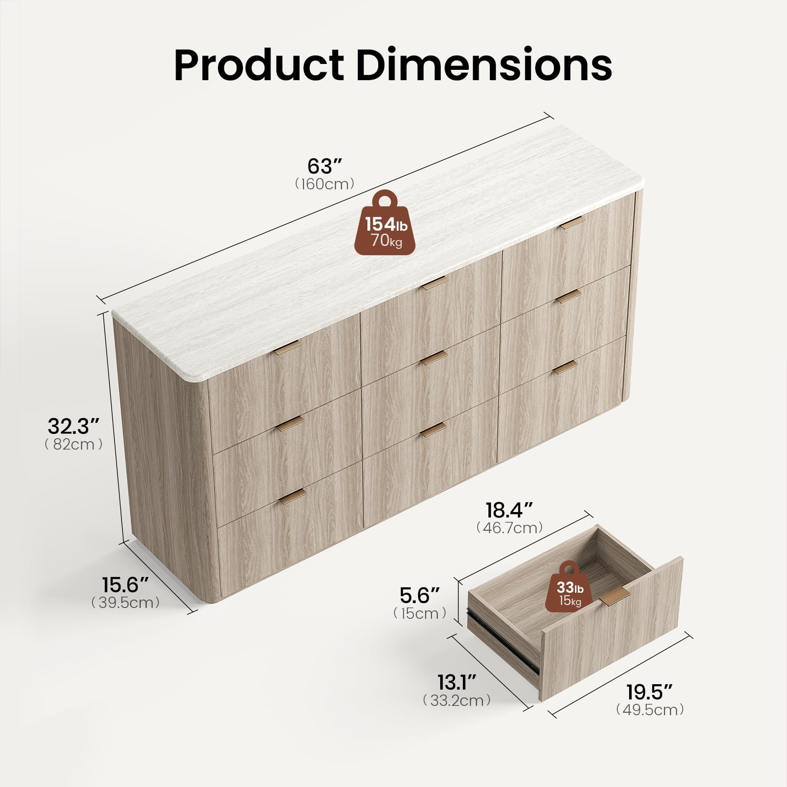 ModernMate 9 Drawer Dresser for Bedroom, 63" Wide Dresser with Faux Travertine Texture Top & Smooth Glide Drawers, Large Clothes Dressers for Bedroom Storage, Modern Tall Chest of Drawers, Grey