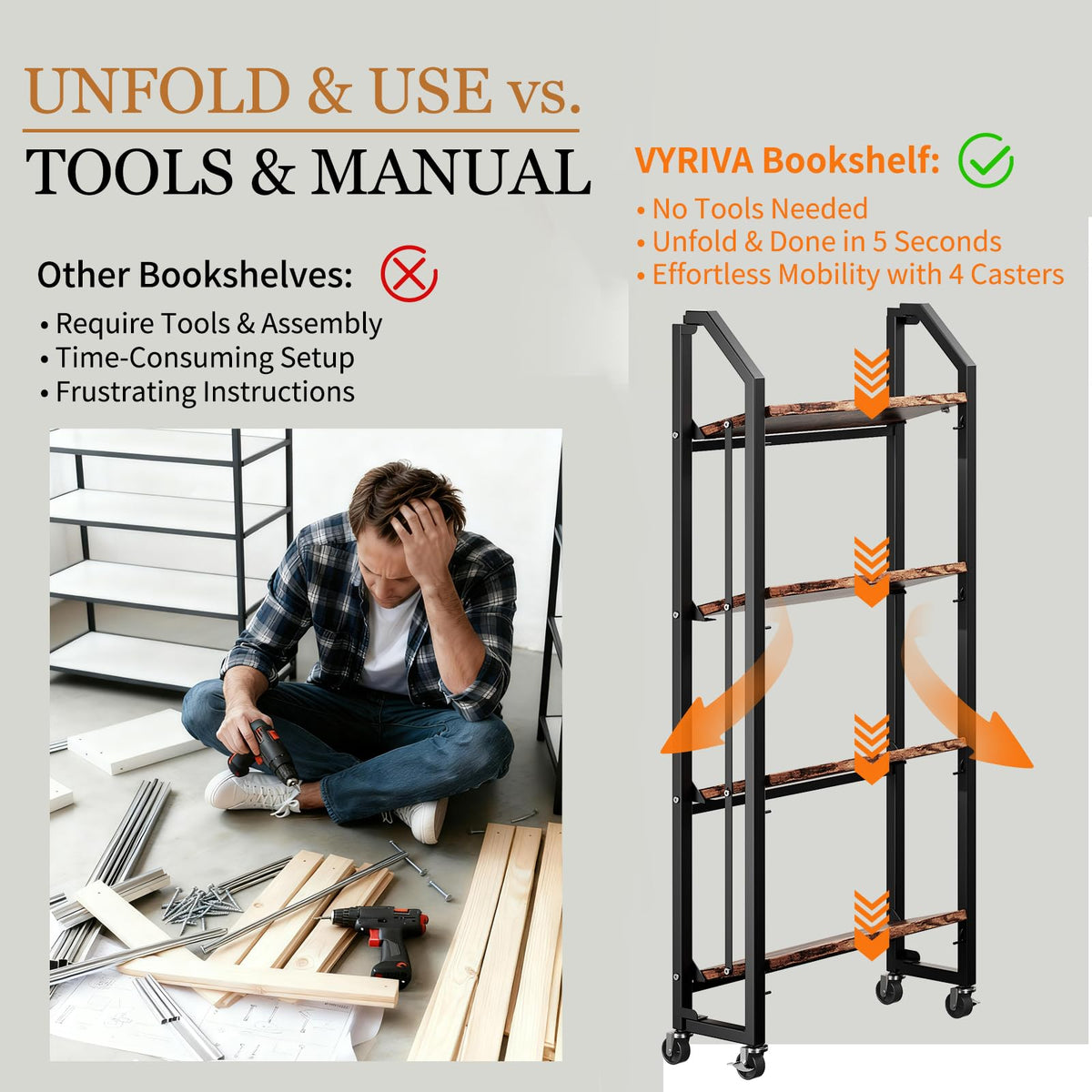 VYRIVA No Assembly Folding Bookshelf for Living Room, 4 Tier Collapsible Book Shelf for Home Office, Portable Bookcase Storage Organizer