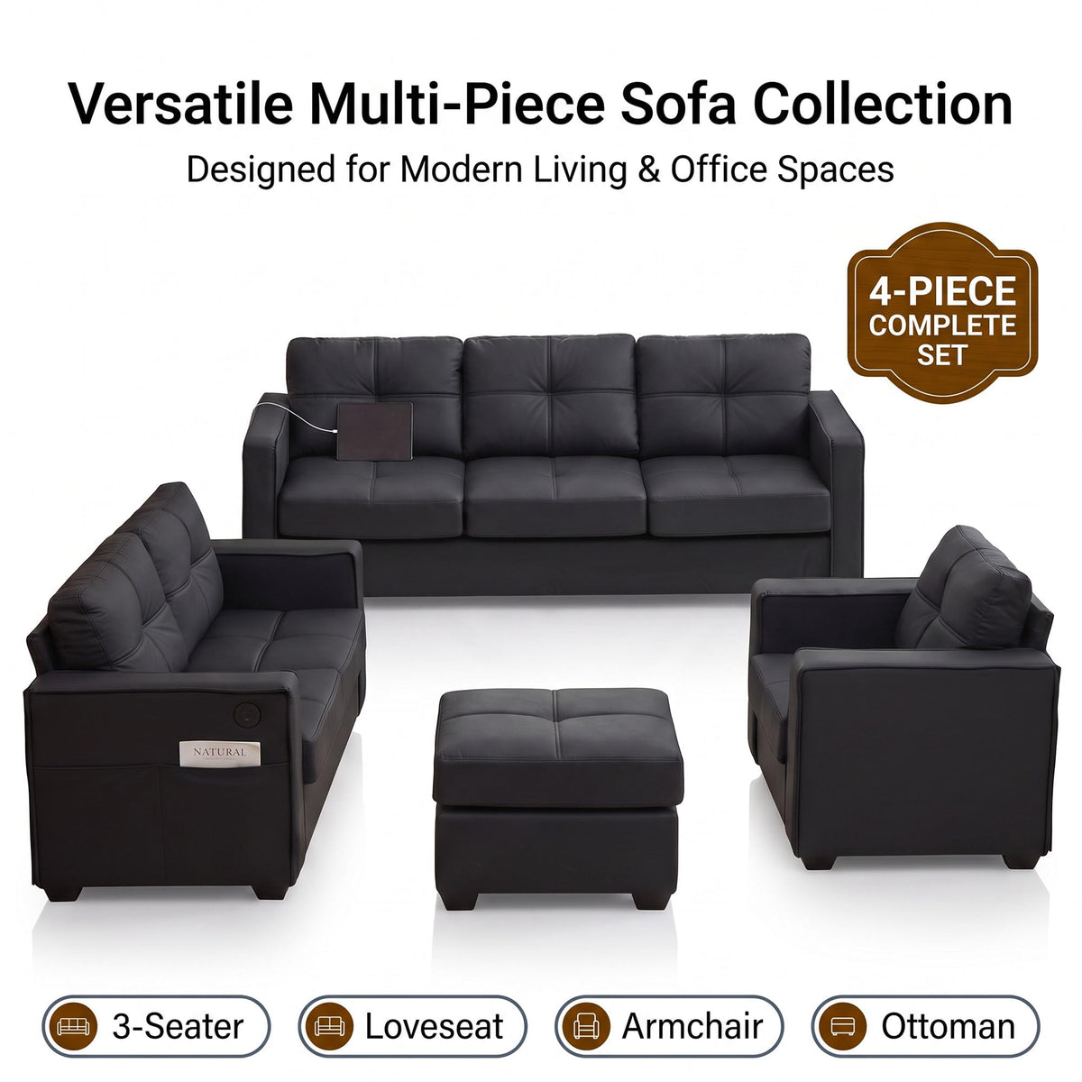 4-Piece Faux Leather Living Room Set, Black