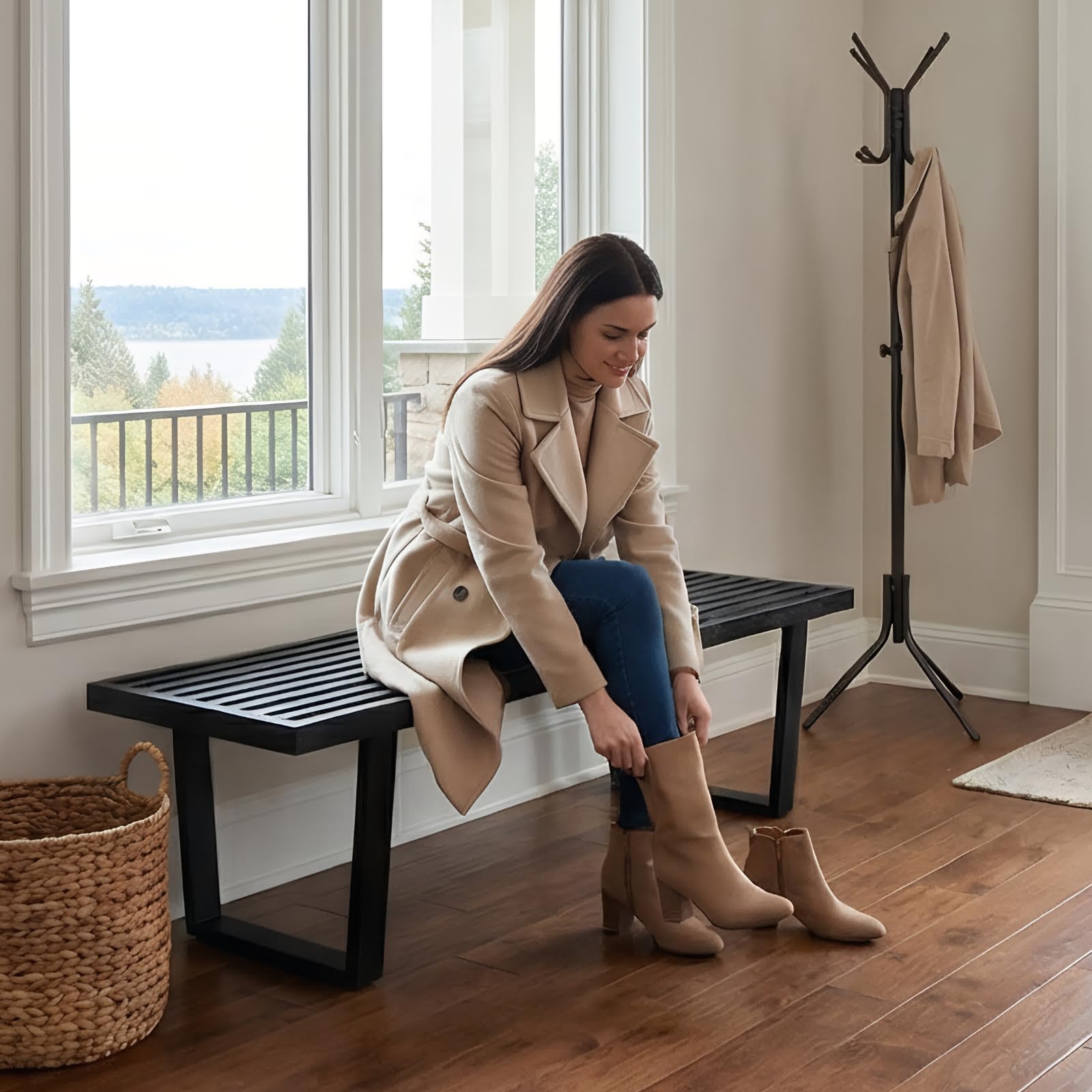 55" Industrial Wood Entryway Bench with Metal Frame