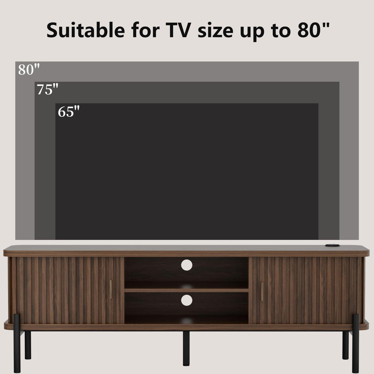 Mid Century TV Stand for TVs up to 80 Inches, Modern Fluted Entertainment Center with Sliding Tambour Doors, Smart LED Lights, Adjustable Shelves and Storage, TV Console for Living Room, Walnut