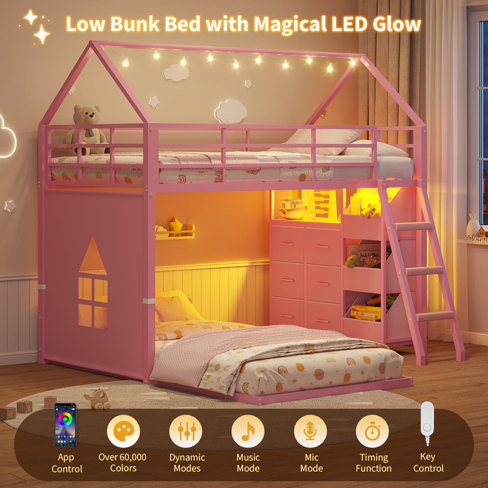 Twin Over Twin House Bunk Bed with LED Lights & Storage