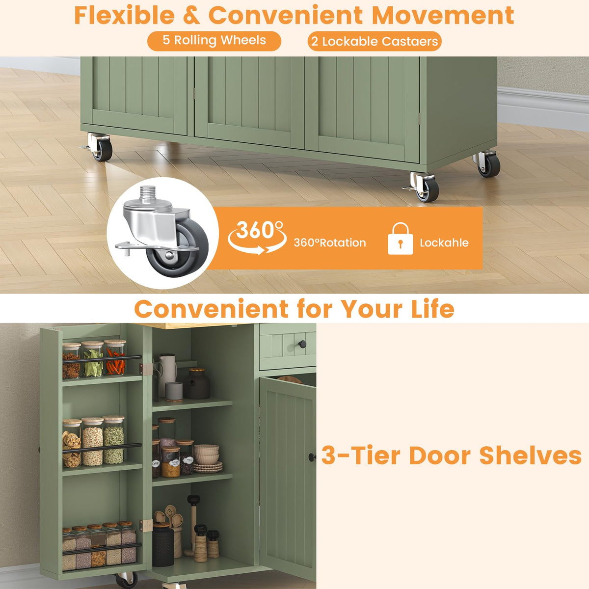 Bigbiglife Kitchen Island with Drop Leaf, Island Table on Wheels with Storage Cabinet, Modern Sideboard Buffet with Doors, Rolling Kitchen Island Cart for Dinning Room,Green