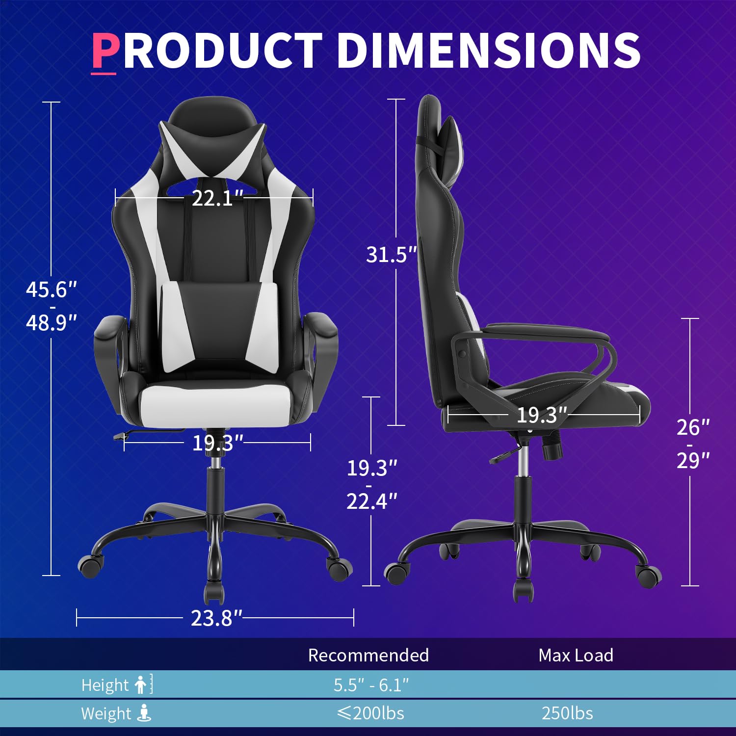 FDW Gaming Chair PU Leather Computer Chair Executive Headrest Lumbar Support Ergonomic Racing Desk Chair with Armrests 360° Swivel & Caster Five Star Metal Base for Office or Gaming