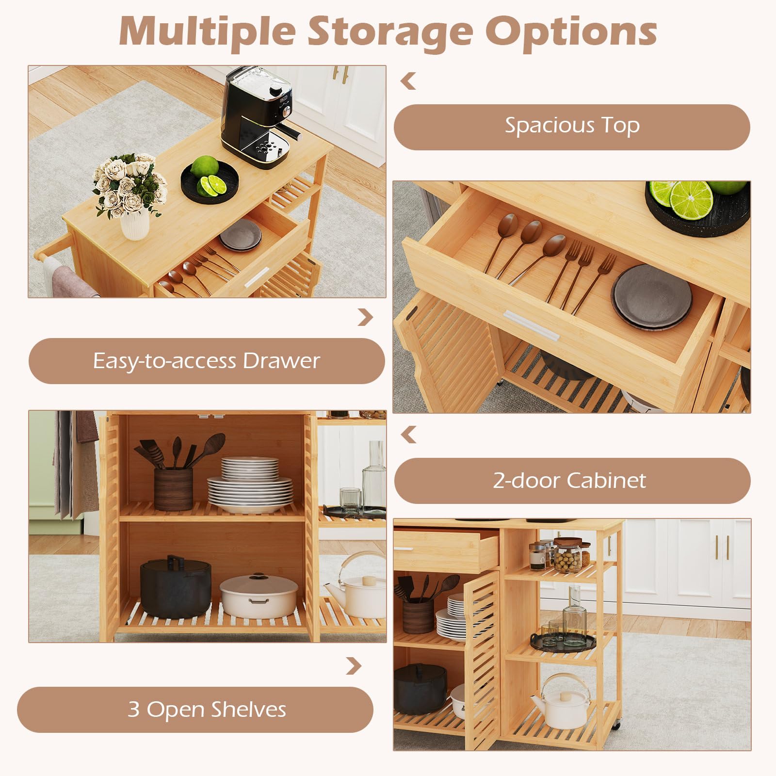 Giantex Bamboo Kitchen Island Cart, Mobile Serving Cart with Drawer, 2-Door Storage Cabinet, 3-Tier Shelves & Towel Rack, Rolling Utility Trolley for Dining Room (Natural)