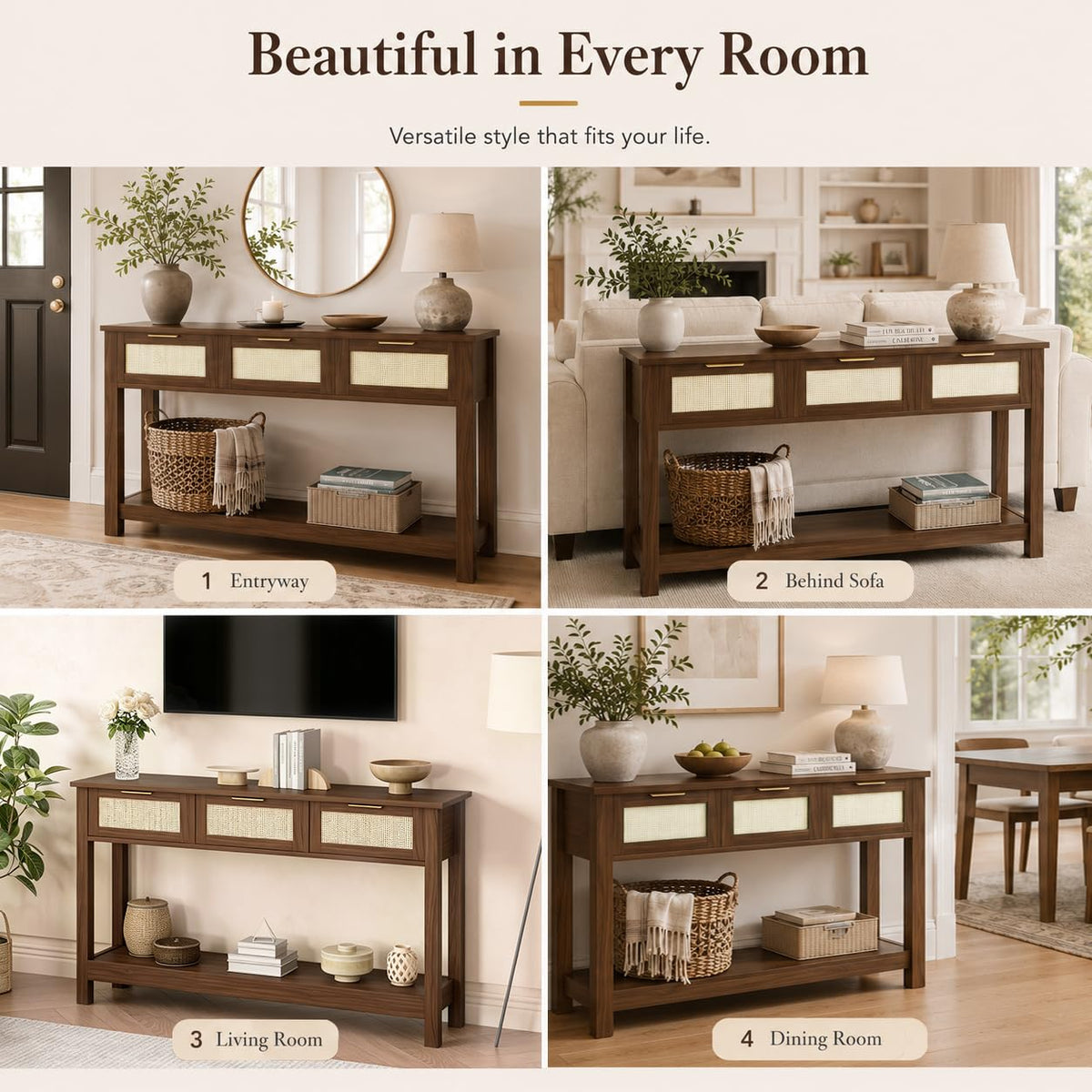 Rattan Console Table with 3 Drawers