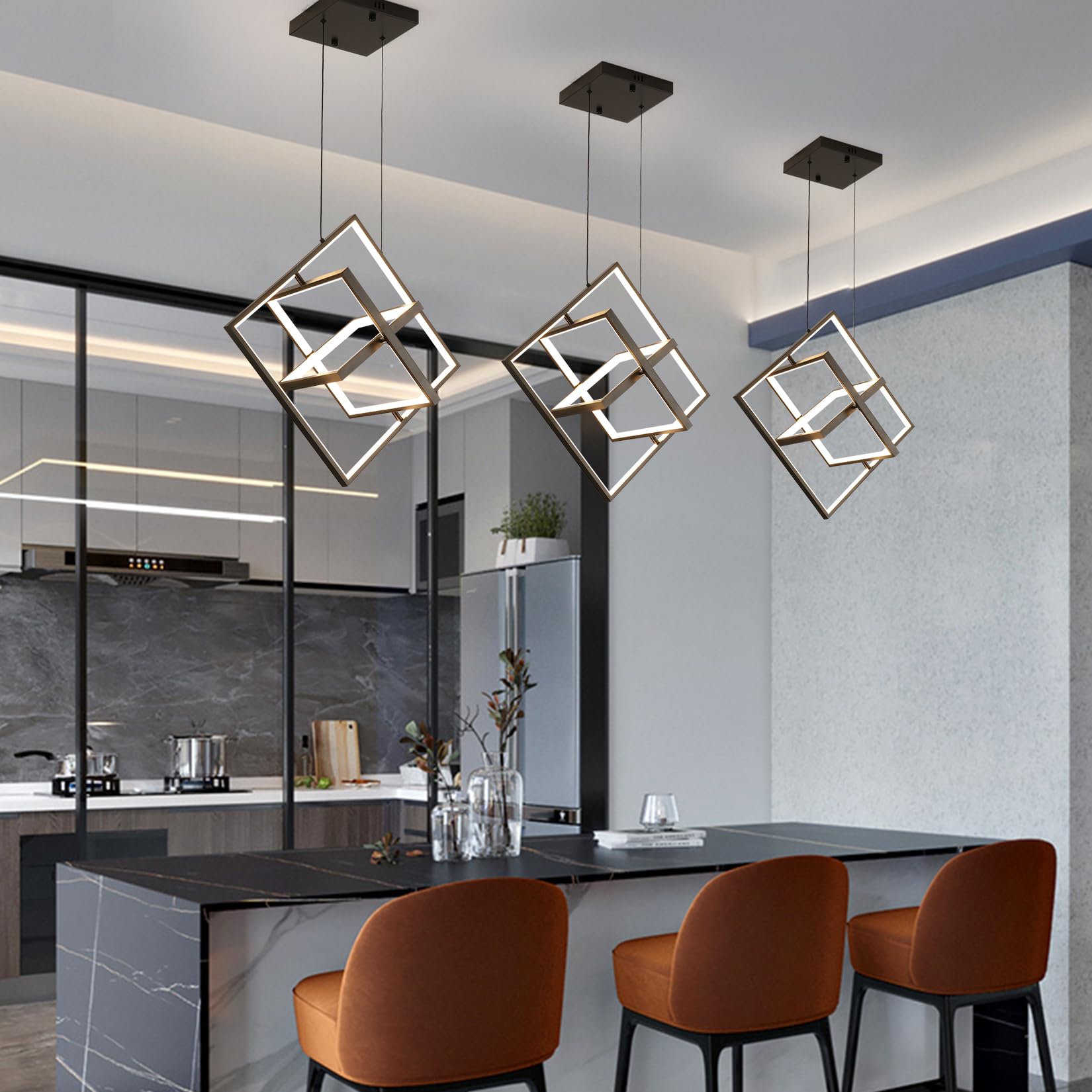 Fang Yan Mei Modern LED Black Square Chandelier Geometric Chandeliers LED Dimmable Hanging Pendant Light Contemporary Creative DIY Height Adjustable Lighting for Entryway Dining Room 3000-6000k