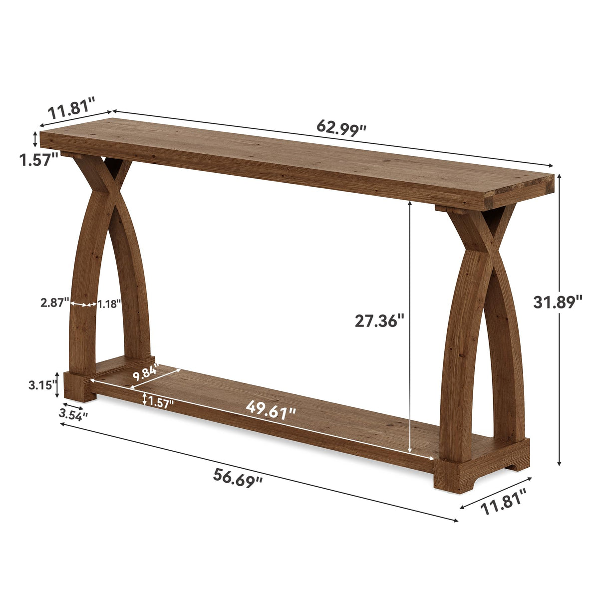 TRIBEWOOD Solid Wood Console Table for Entryway, 63-Inch Narrow Farmhouse Couch Table Behind Sofa with 2-Tier Storage for Entrance, Foyer, Living Room, Long, Dark Brown