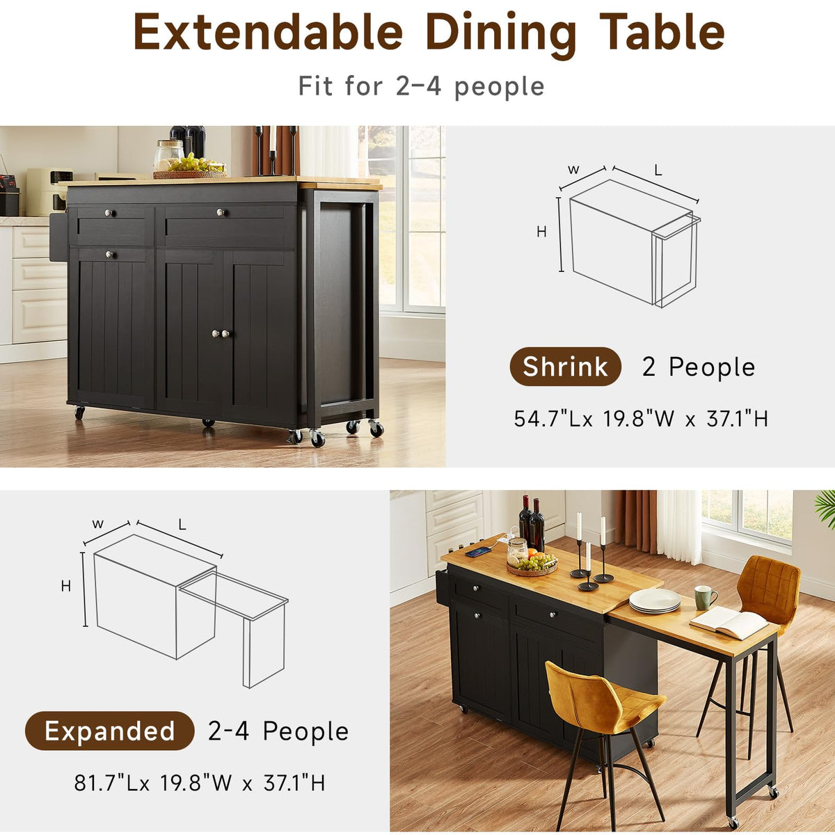 Kitchen Islands with Extendable Dining Table, Mobile Storage Islands, Black