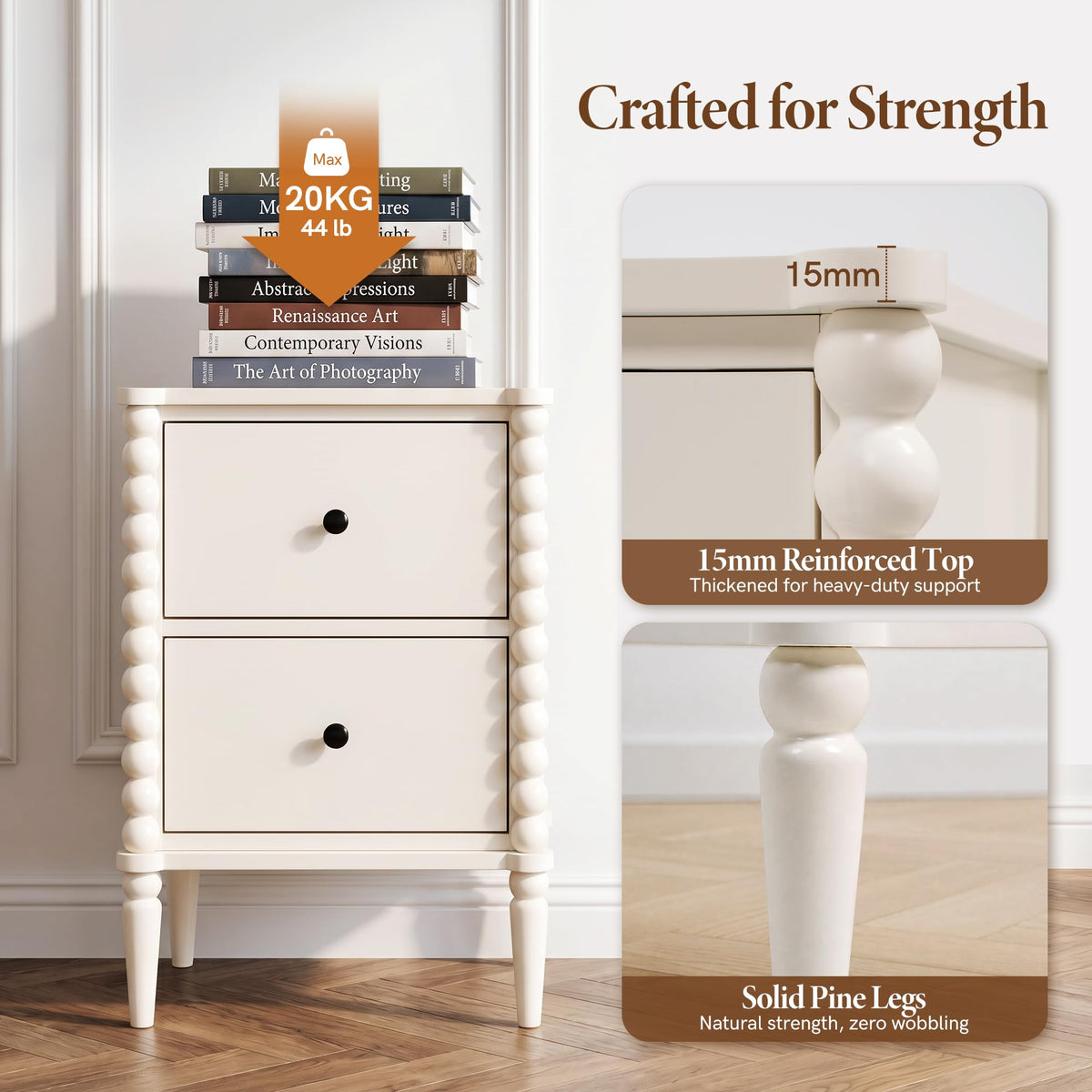Afuly White Nightstand with Charging Station &Drawers Vintage Bedside Table
