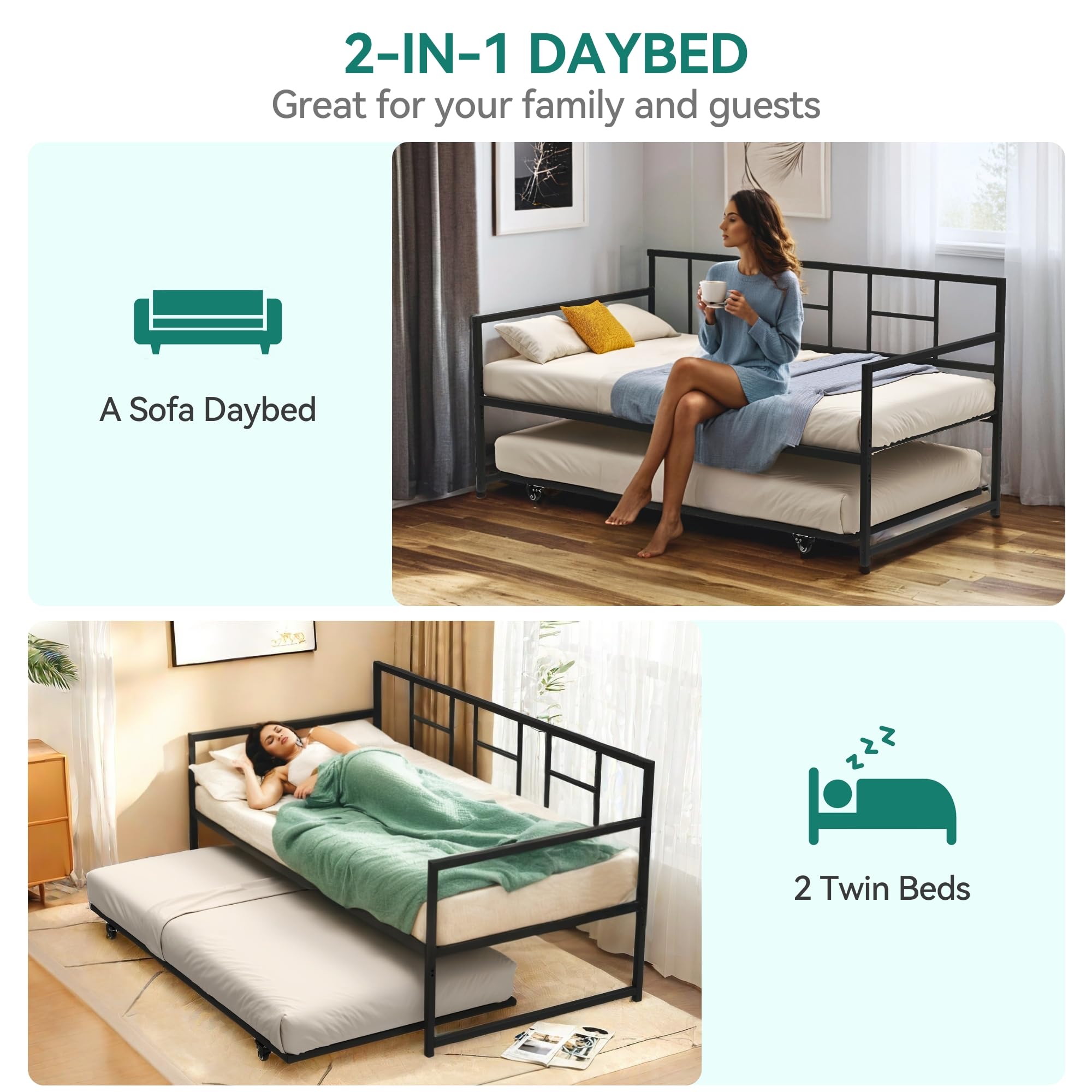 YITAHOME Daybed with Trundle, Adjustable Height Twin Daybed with Pull Out Trundle, Sofa Bed Couch with Steel Slat Support for Living Room and Guest Room, Black