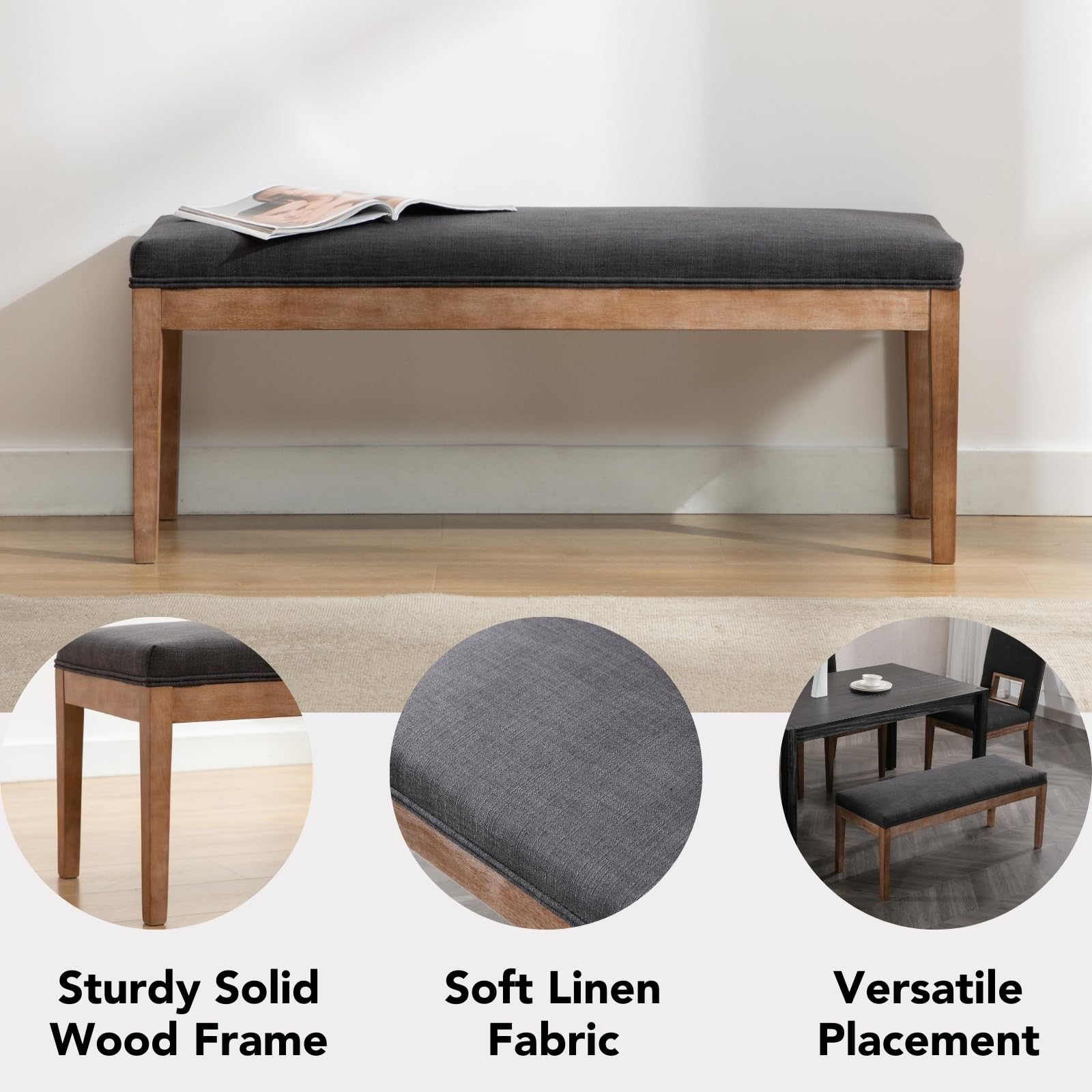 chairus Linen Upholstered Entryway Bench Dining Table Benches Farmhouse Shoe Bench Seat for Hallway Bedroom End of Bed Vintage 45.5" Wooden Leg Benches for Kitchen Restaurant Window, Charcoal