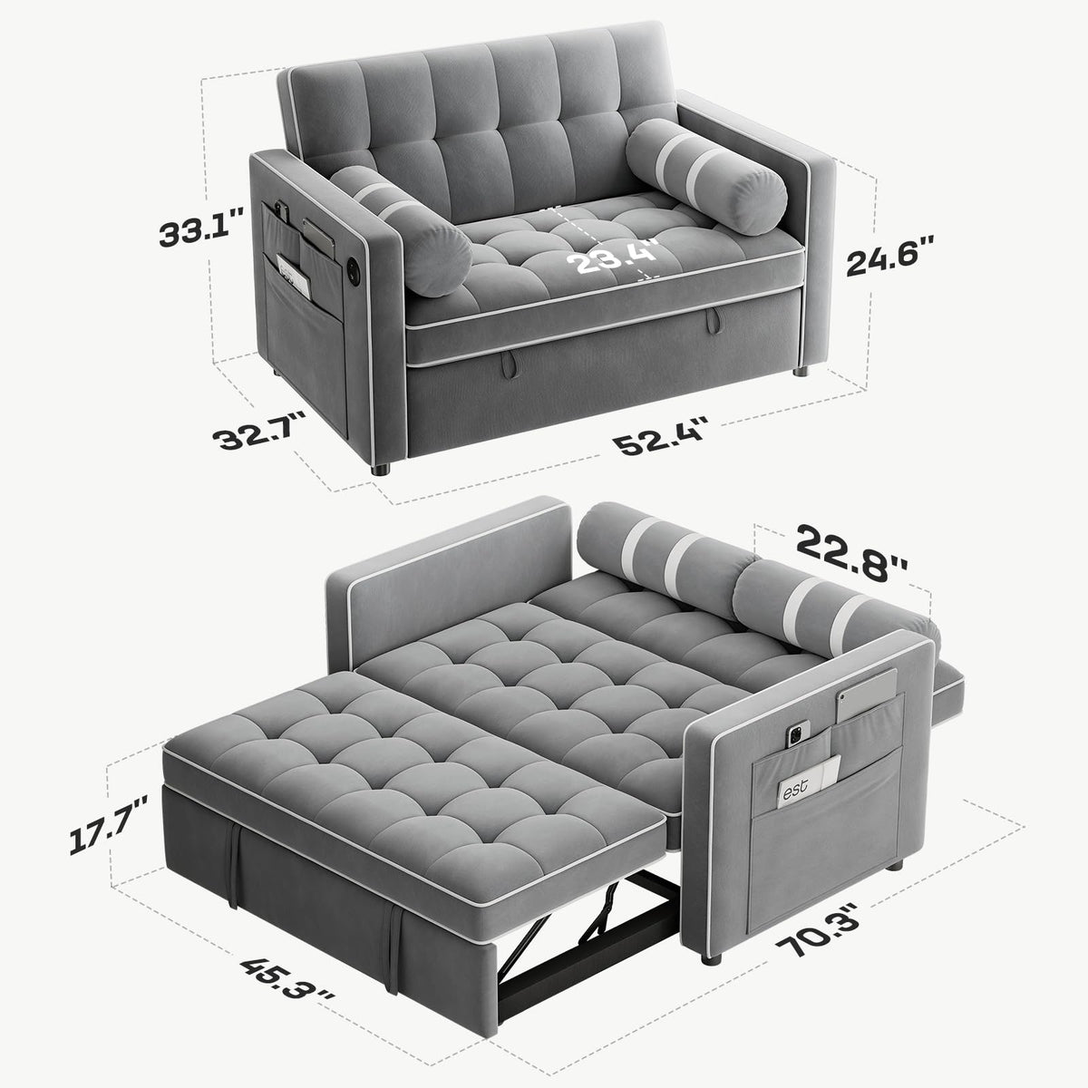 Marsail Convertible Futon Sleeper Sofa Bed, Pull Out Couch Loveseat, Gray