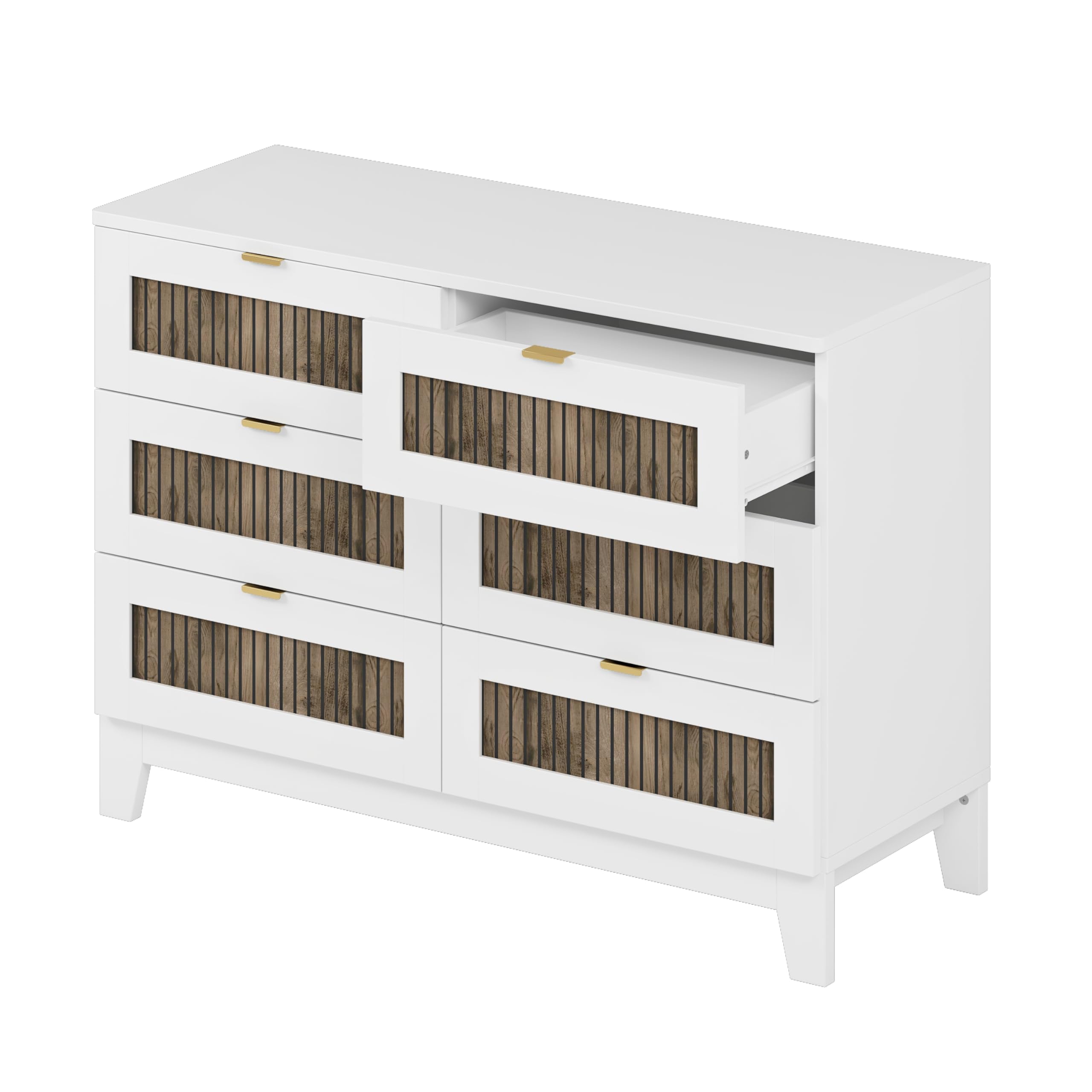 4-Pieces Queen Bedroom Sets with Wooden Strip Stickers Decoration,Wood Bed Frame with 2 Storage Nightstand 6-Drawer Dresser with Metal Handle,Farmhouse Bedroom Furniture Set,White