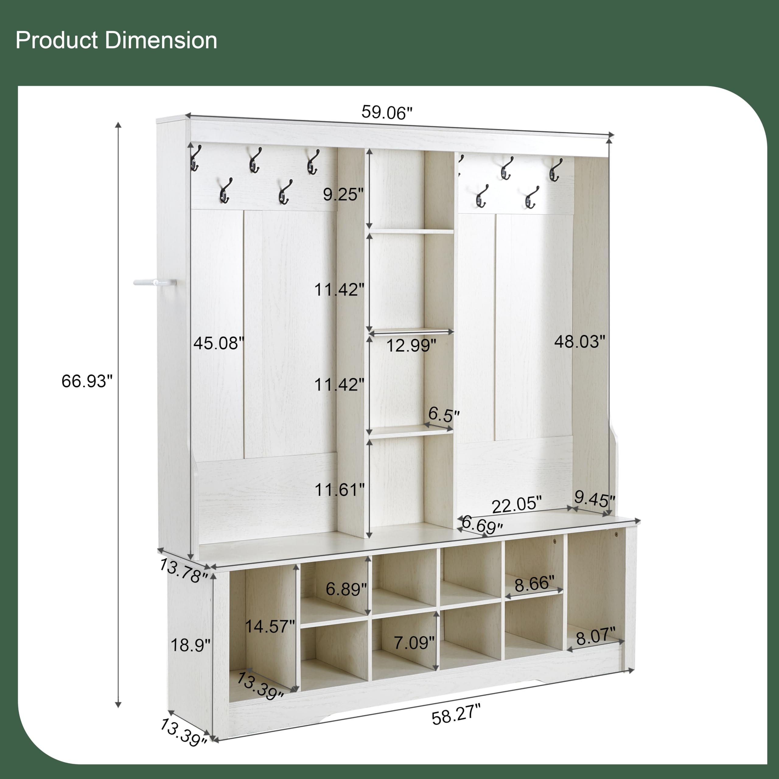CasaGlajore 59” Hall Tree with Bench and Shoe Storage, Entryway Coat Rack with 10 Hooks & Open Shelves, Space Saving Hall Tree with 10 Shoe Cubbies for Hallway, Mudroom, Living Room