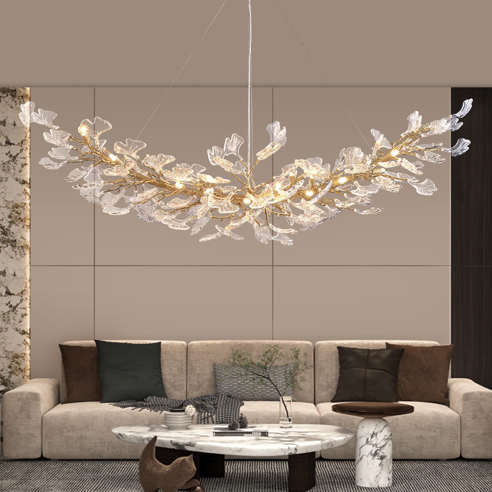 SHEKAITAO Modern Gold Crystal Chandeliers - L72 inch Rectangular Tree Branches Ceiling Pendant Light Fixtures, Natural Artistic-Style Ginkgo Leaf Chandelier for Dining Living Room Kitchen Island