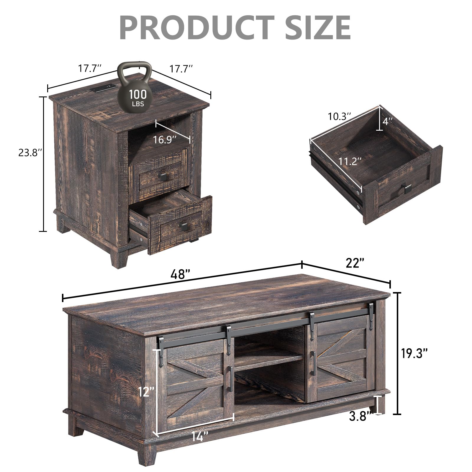 LUXOAK Farmhouse Table Set of 3, Coffee Table with Sliding Barn Doors, End Tables Set of 2 with Charging Station for Living Room & Bedroom, Sliding Barn Doors, 2 Tiers Storage Drawer, Dark Rustic Oak