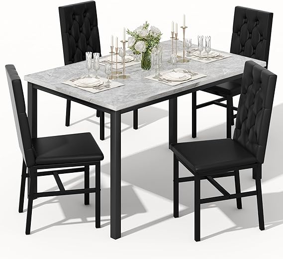 5-Piece Faux Marble Dining Table Set with Button-Tufted Chairs