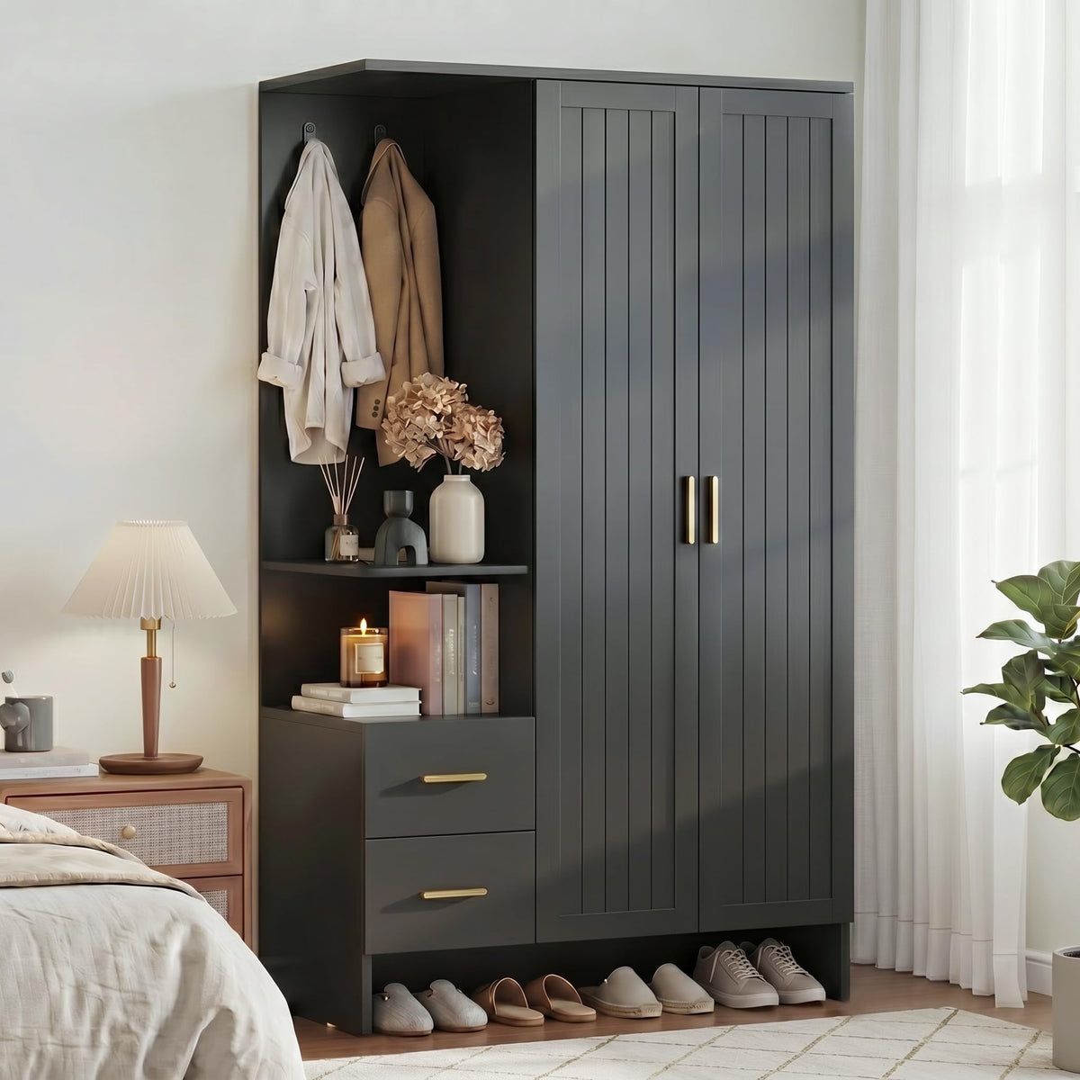 Black Wardrobe Closet with Drawers