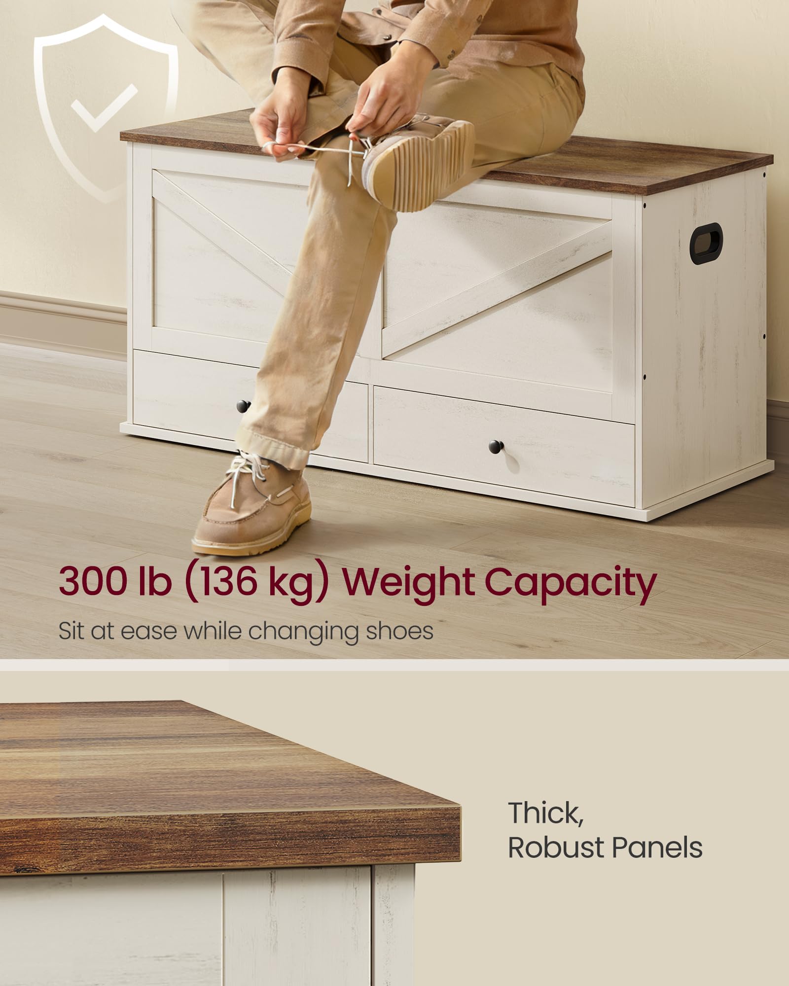 Farmhouse Storage Bench with 2 Fabric Drawers