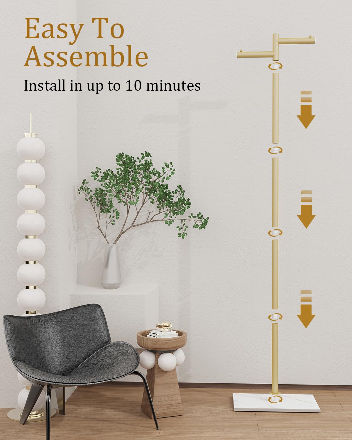 ENUMAIL Modern Garment Rack,Z-Shaped Coat Stand with Rock Base,68.9in,Gold