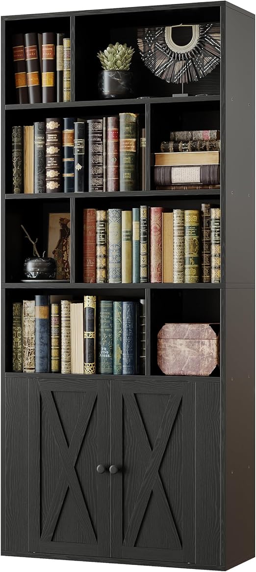 4-Tier Bookcase with 8 Open Cubes & Doors