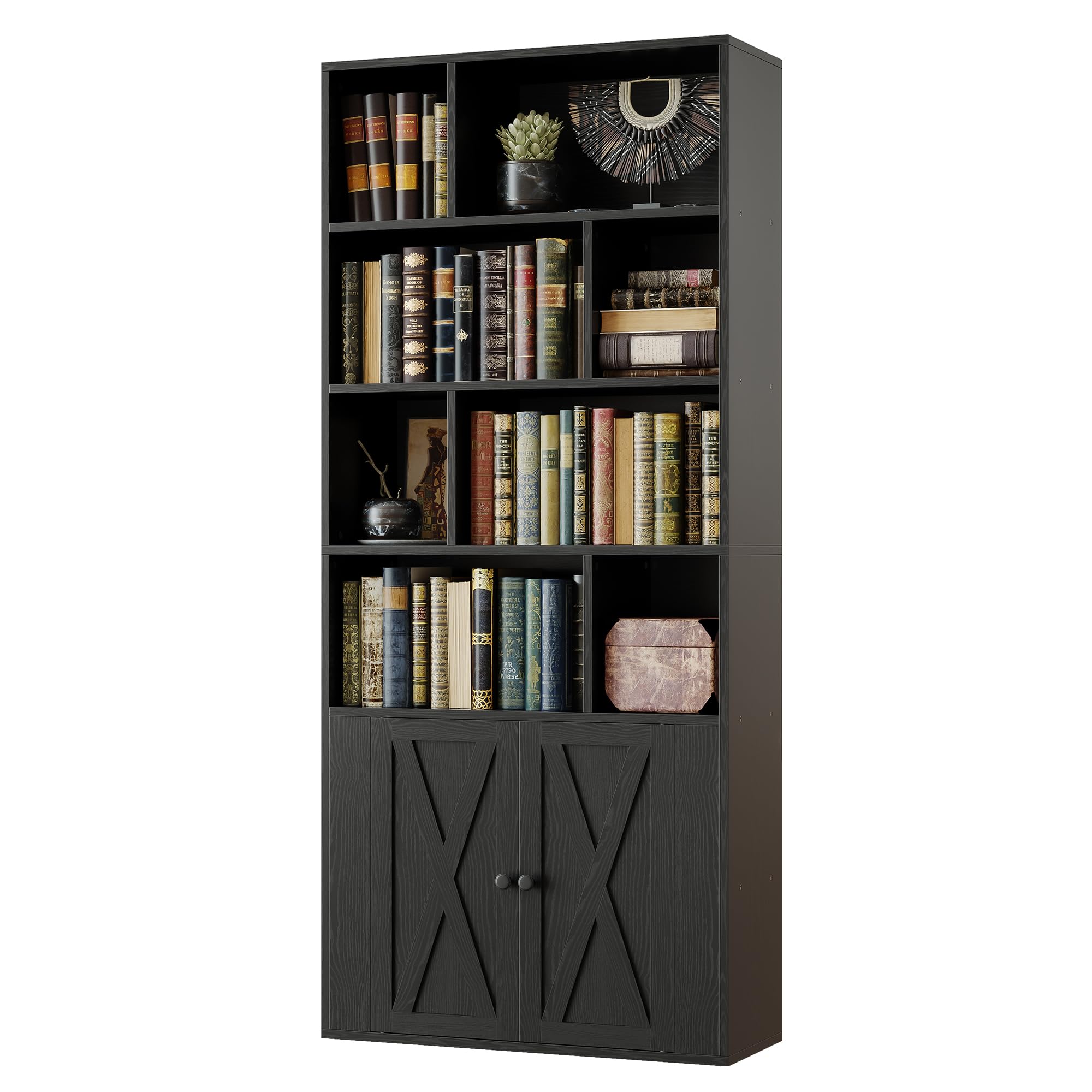 IRONCK Book Shelf, Tall Bookshelf with Storage, Bookshelves and Bookcases with Doors, 4-Tier Bookcase with 8 Open Cubes for Living Room, Office, Study, Black