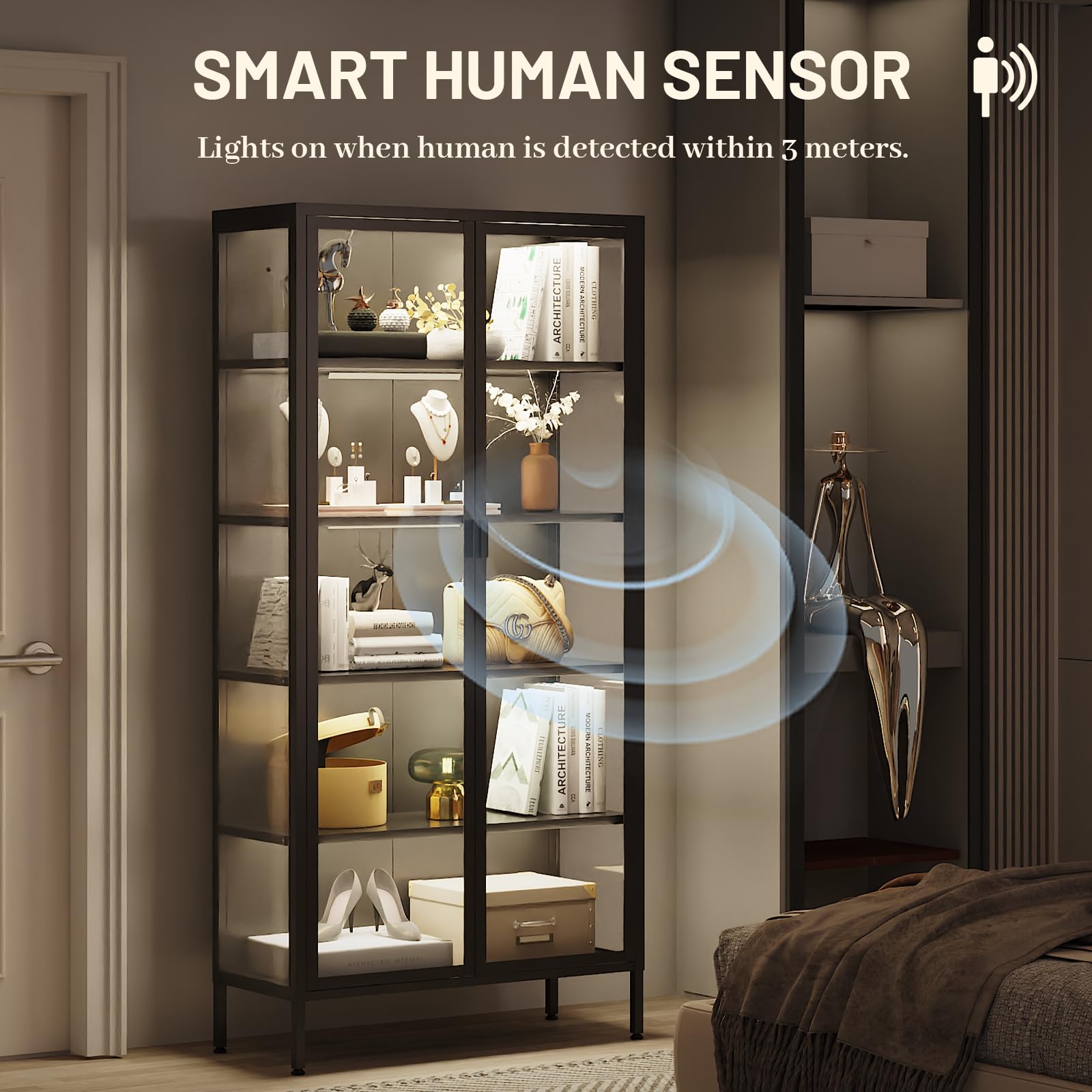 Glass Display Cabinet with LED Sensor Lights & Adjustable Shelves