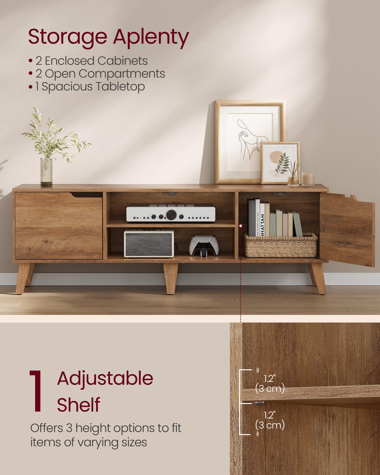 58" TV Stand with Adjustable Shelf & Storage Cabinets
