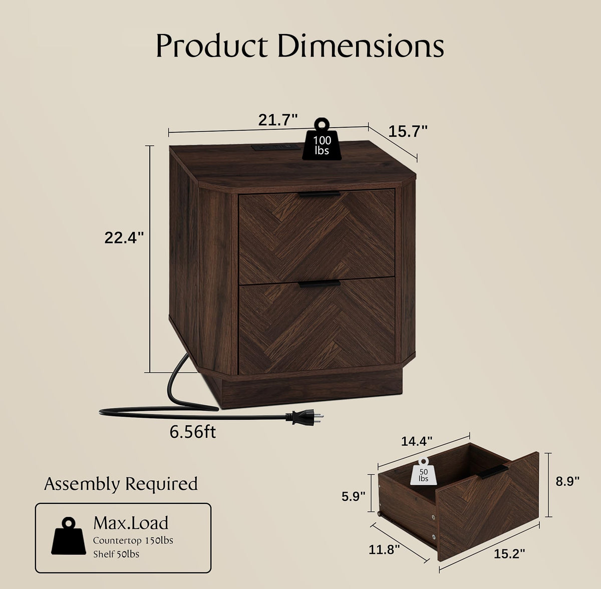 AKESONG 21.7" Nightstands with Charging Station, Herringbone Design, Walnut