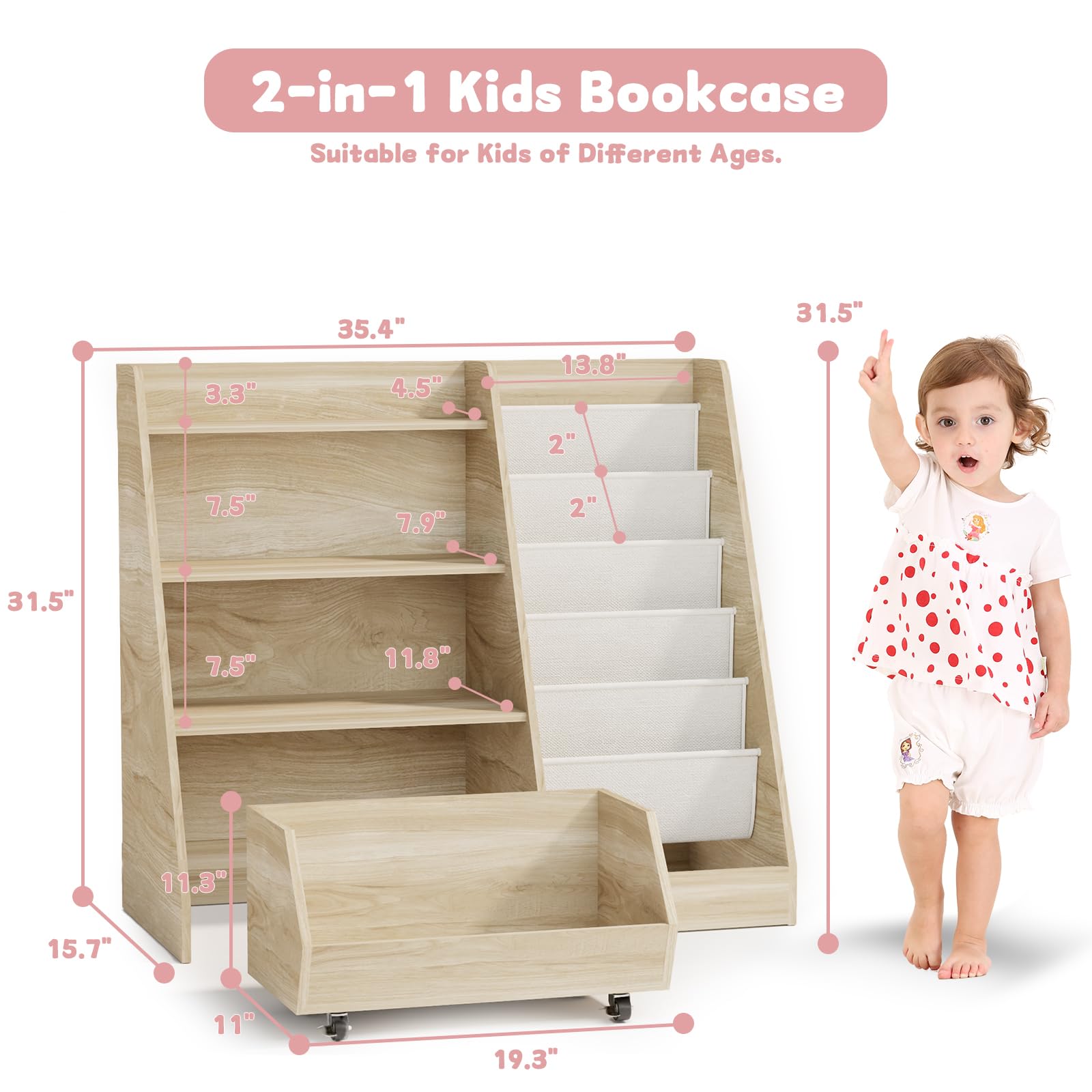 COZPAW Kids Bookshelf and Toy Storage, 4 Tier Toddler Bookshelf with Movable Drawer (Oak)