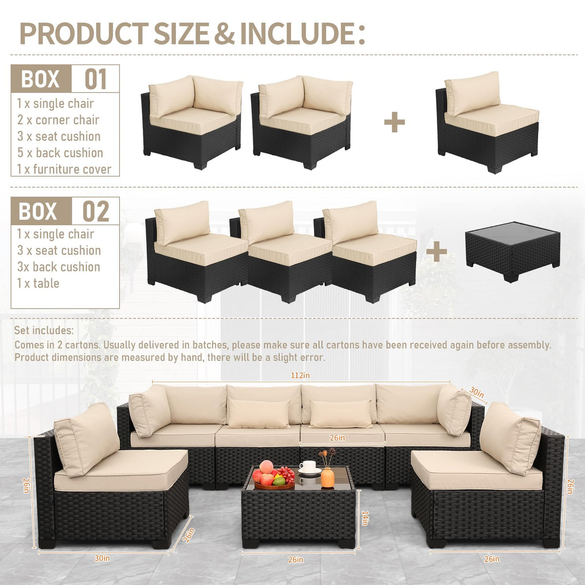 Lviden 7 Pieces Outdoor PE Wicker Furniture Set Patio Rattan Sectional Conversation Sofa Set with Khaki Cushions and Glass Top Table