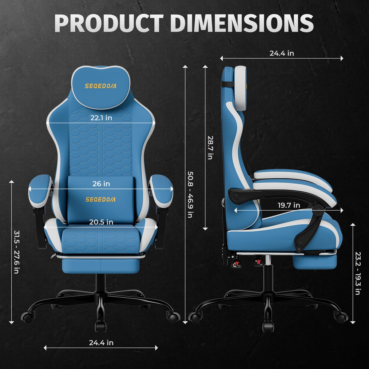 segedom Honeycomb Embossed Gaming Chair with Footrest & Massage Lumbar Support, Adjustable Ergonomic Office Chair for Adults, 300 lbs (Blue White)