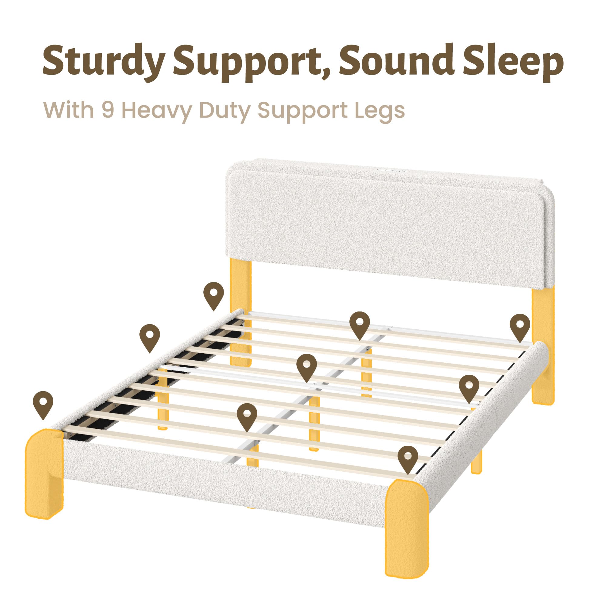 Lifezone Queen Upholstered Bed Frame, Sturdy Noise-Free Metal Support, Boucle Cloud Headboard with Charging Station & LED Lights, No Box Spring Needed, Beige