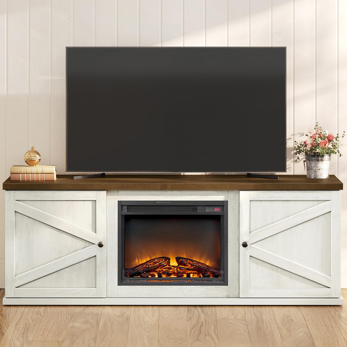 VASAGLE Fireplace TV Stand, Farmhouse Entertainment Center for 80'' TV