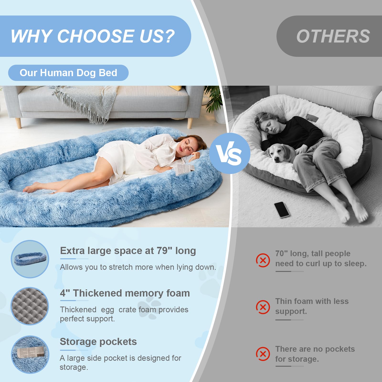 XL Orthopedic Human Dog Bed – Faux Fur, Washable Cover