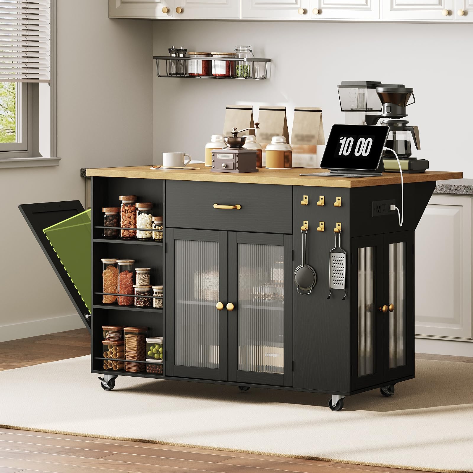 STHYTON Kitchen Island with Drop-Leaf and Charging Station, Mobile Kitchen Cart on Wheels, 2 Storage Drawers, Trash Cabinet, 3-Tier Open Shlves, Island Table for Kitchen, Dinner, Black and Natural