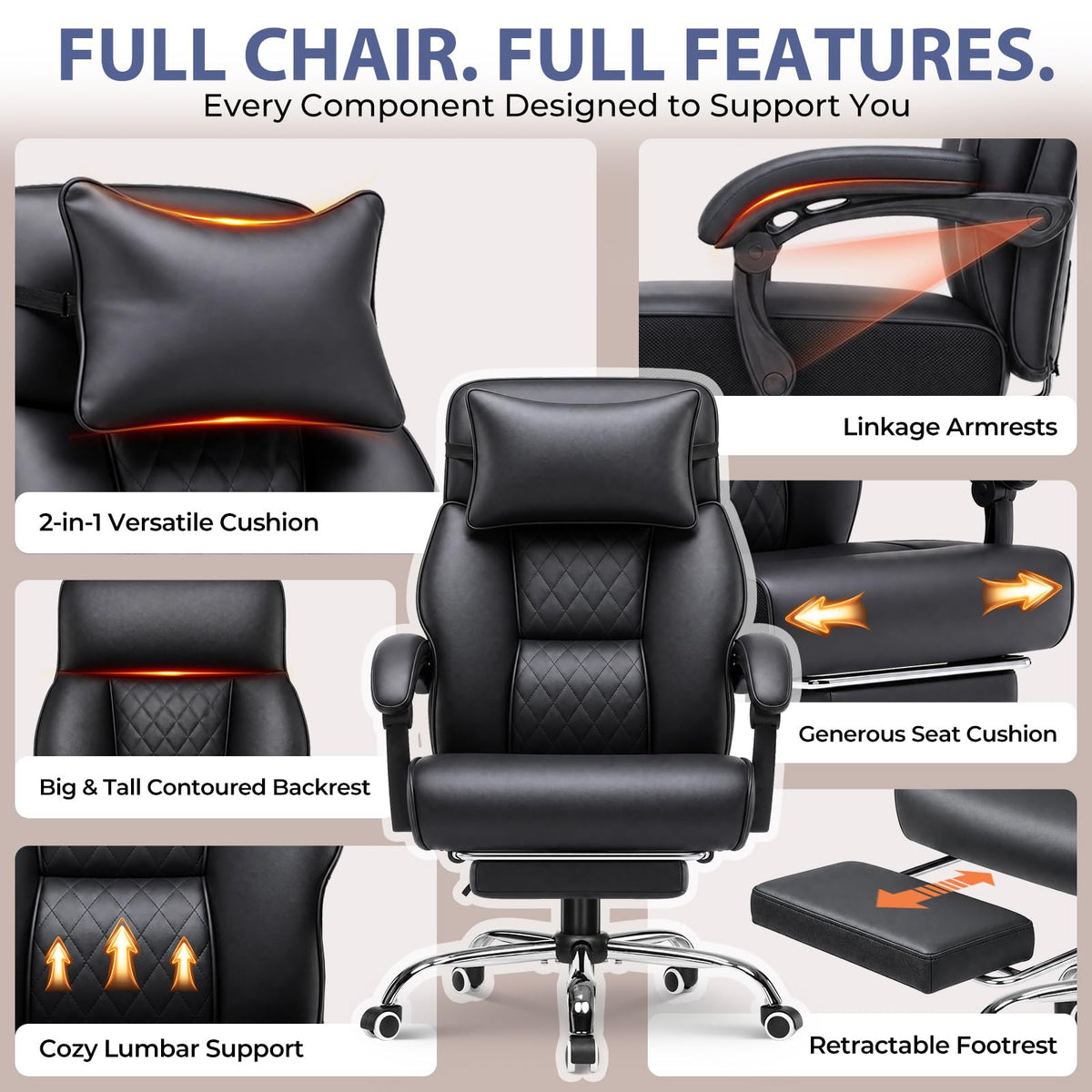 GTPLAYER Big and Tall Office Chair Heavy Duty Ergonomic Gaming Chair Black