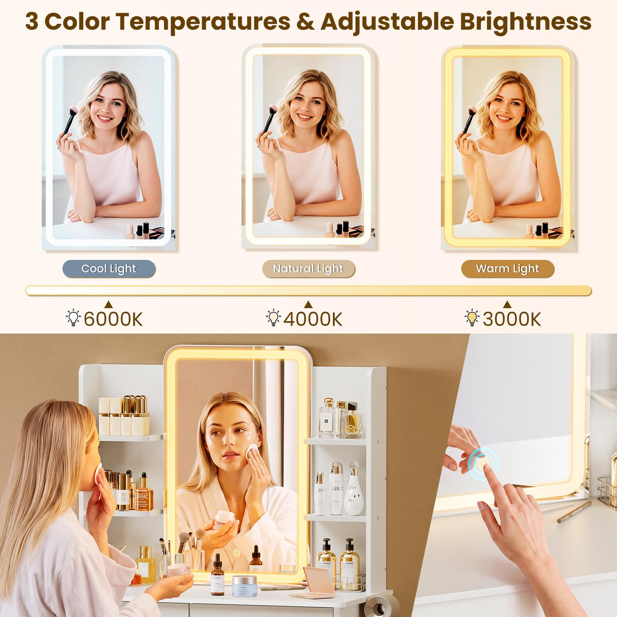 White LED Makeup Vanity with Storage Stool