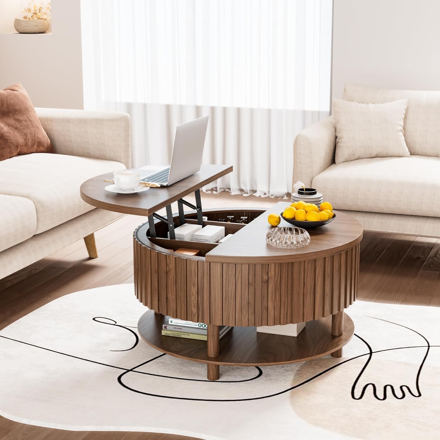 Limaoaio Round Lift Top Coffee Table with Storage, Mid Century Modern 2-Tier Circle Coffee Table with Hidden Compartment & Open Shelf, Fluted Wood Center Table for Living Room, Walnut