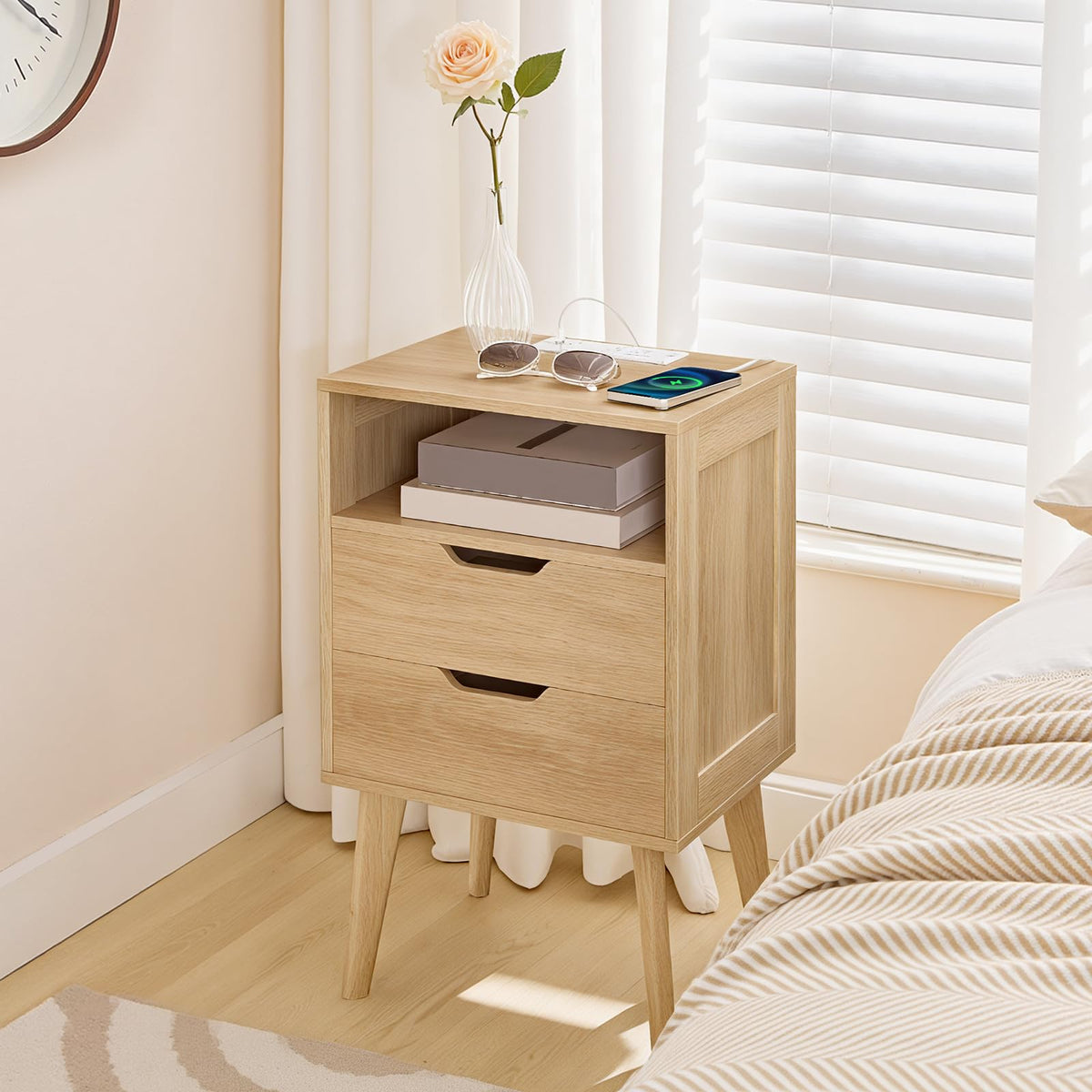 MAHANCRIS Nightstand with Charging Station and 2 Drawers, Bedside Table